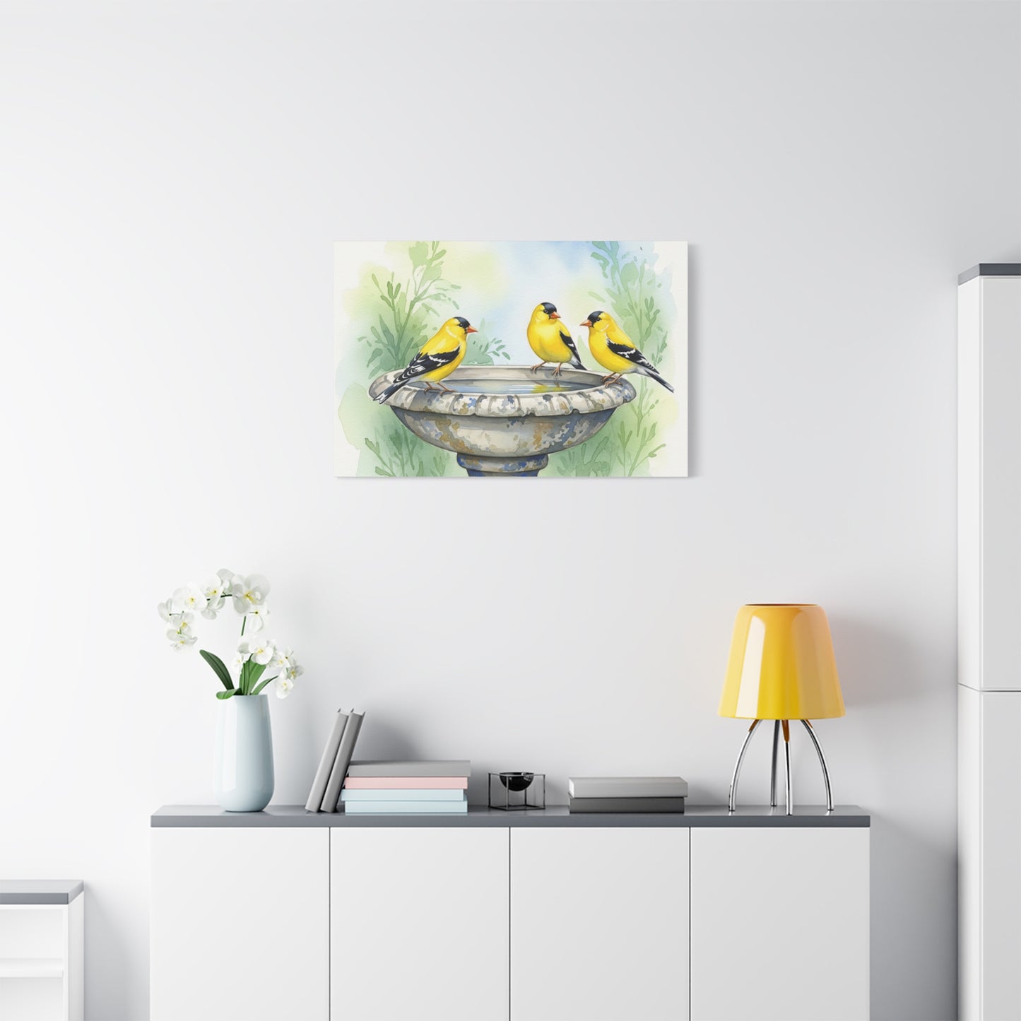 Goldfinches on Fountain Canvas Art, Nature Wall Decor, Yellow Finch Print, Home Decor, Gift for Bird Lovers, Spring Decoration