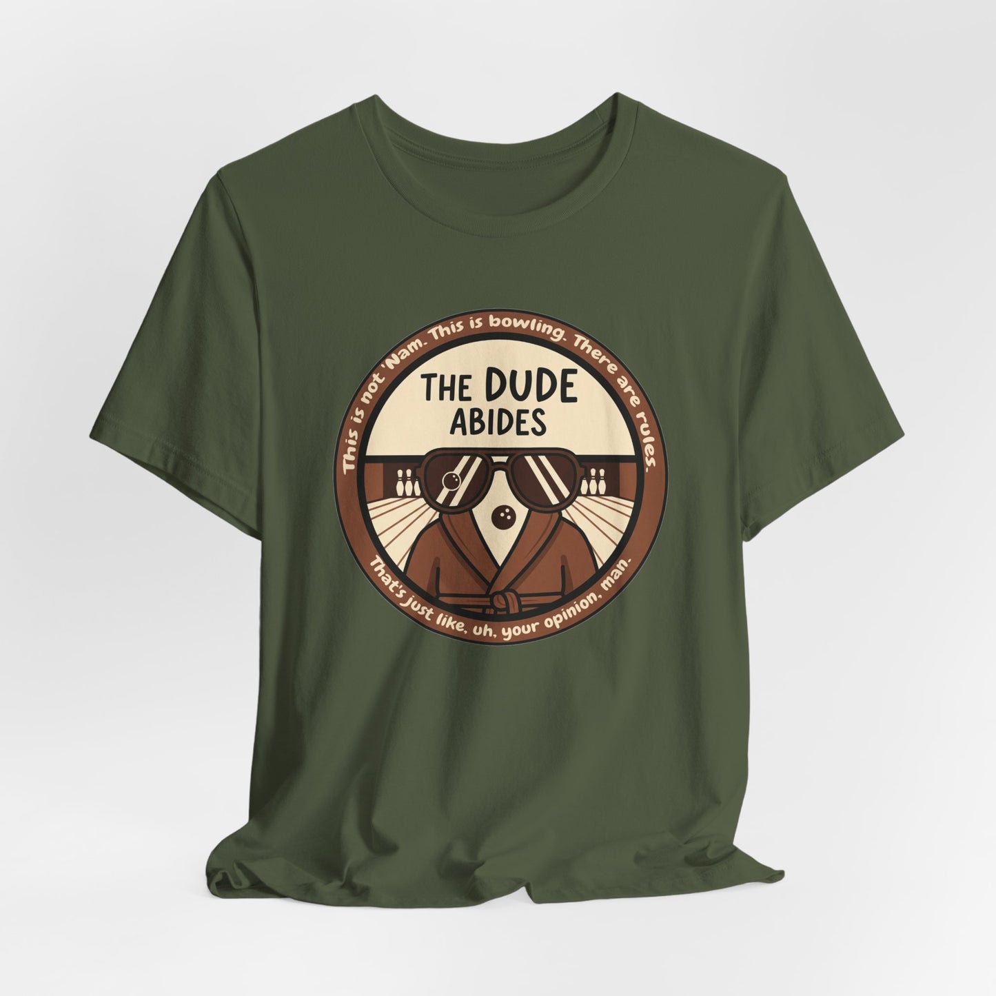 The Dude Abides Tee, Unisex T-Shirt for Movie Lovers, Gift for The Big Lebowski Fans, Casual Wear, Retro Vibe Bowling Tee