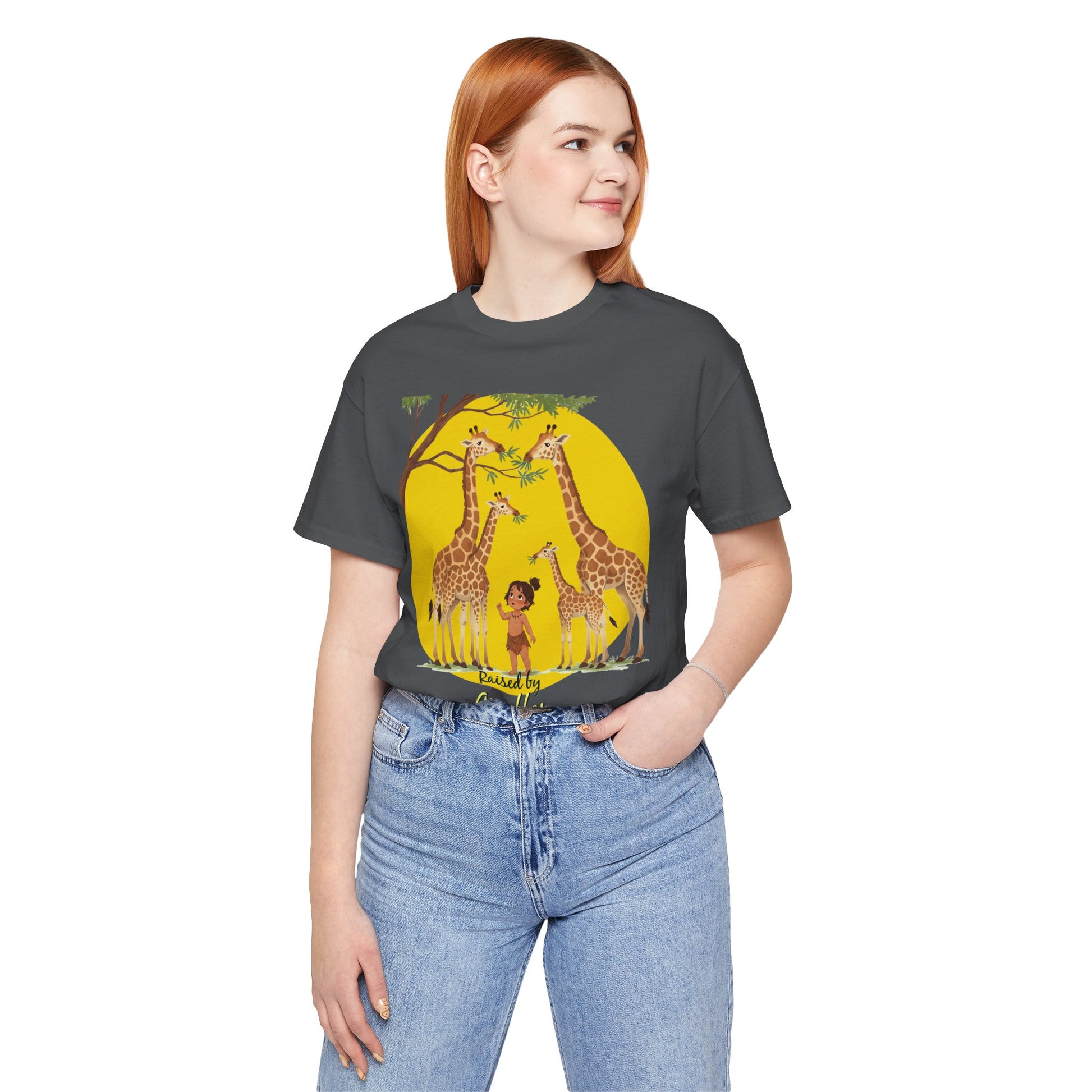 Raised by Giraffes Unisex T-Shirt - Funny Animal Lover Tee - Giraffe Lovers, Wildlife Enthusiasts (Female Character) - Schmartypants