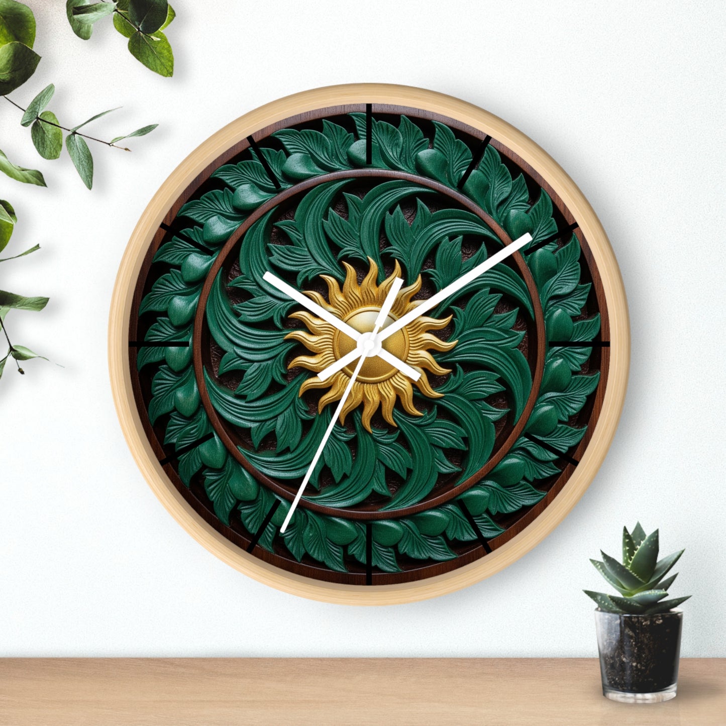 Nature-Inspired Wall Clock with Sun Motif, Home Decor, Eco-Friendly Gift, Artistic Timepiece, Greenery-Themed Clock