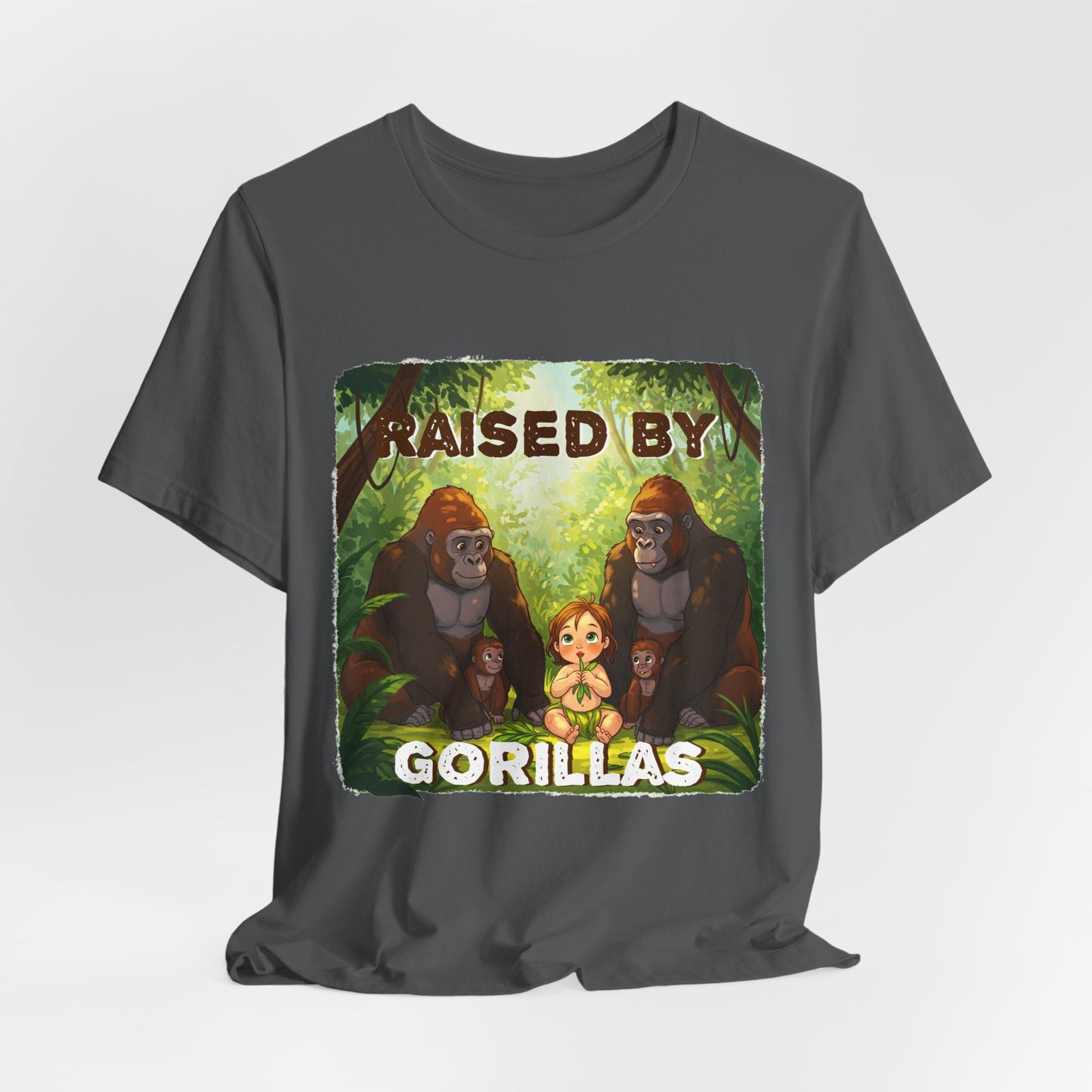 Funny Gorilla Graphic Tee - 'Raised by Gorillas' Unisex Jersey Shirt (Female character version) - Schmartypants
