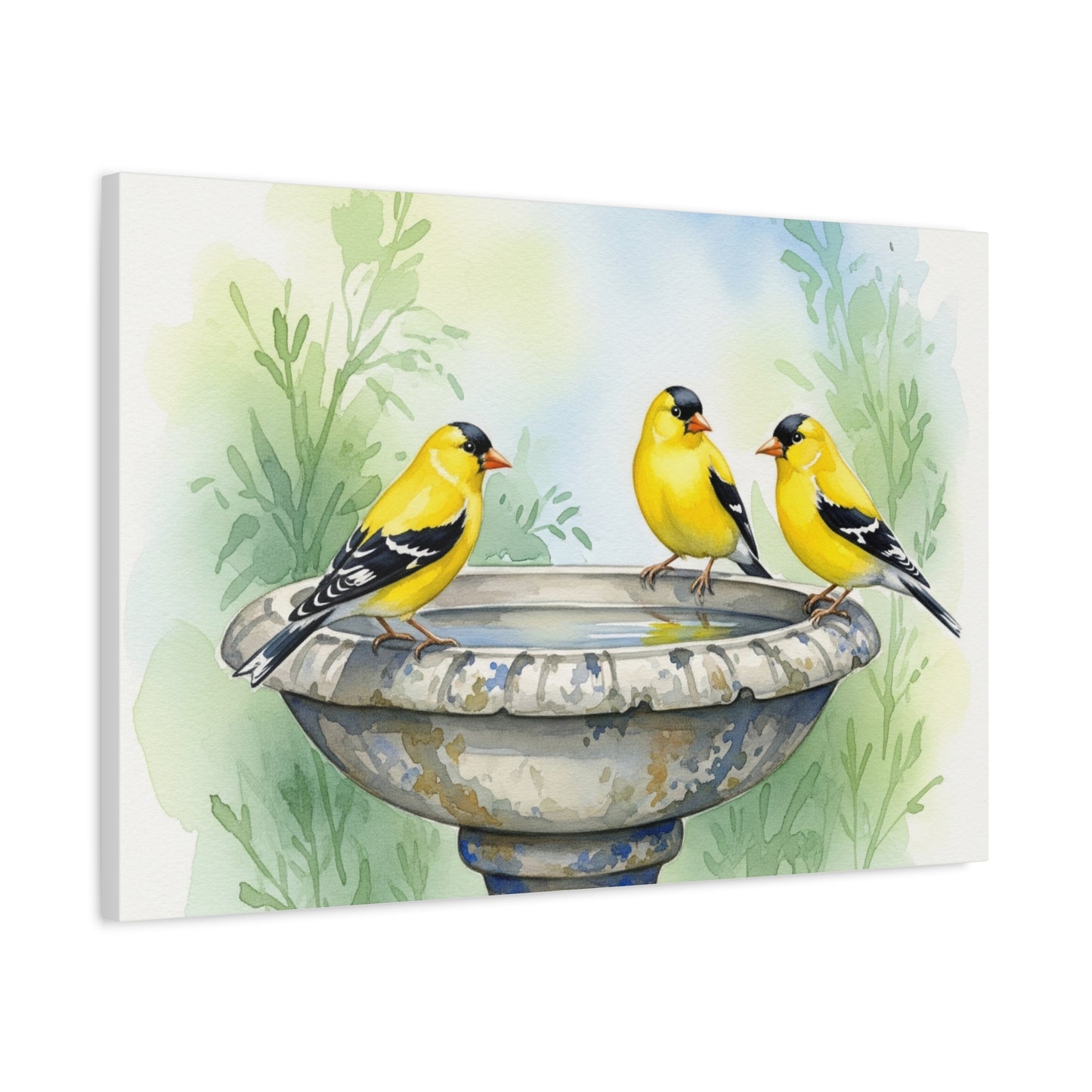 Goldfinches on Fountain Canvas Art, Nature Wall Decor, Yellow Finch Print, Home Decor, Gift for Bird Lovers, Spring Decoration
