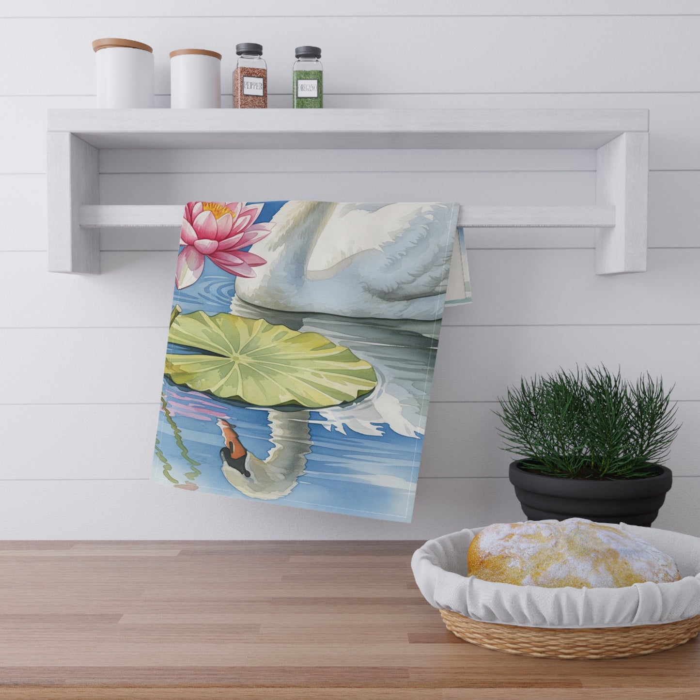 Swan Tea Towels, Elegant Kitchen Decor, Wedding Housewarming Gift, Cotton Poly Dish Towel, Swan Pond Waterlilies Design