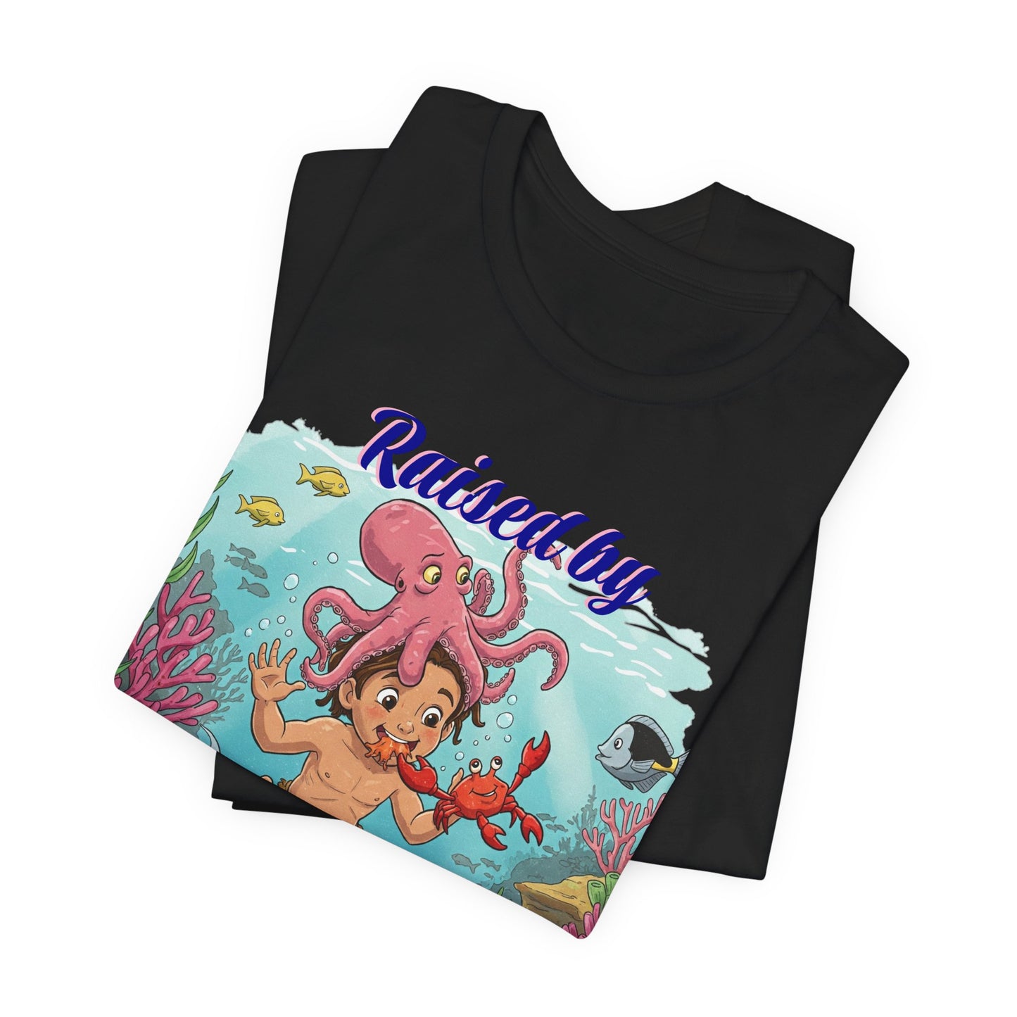 Ocean-Inspired Unisex Tee - Funny "Raised by Octopus", Fun Gift for Marine Lovers, Summer Beachwear, Cute Animal T-Shirt