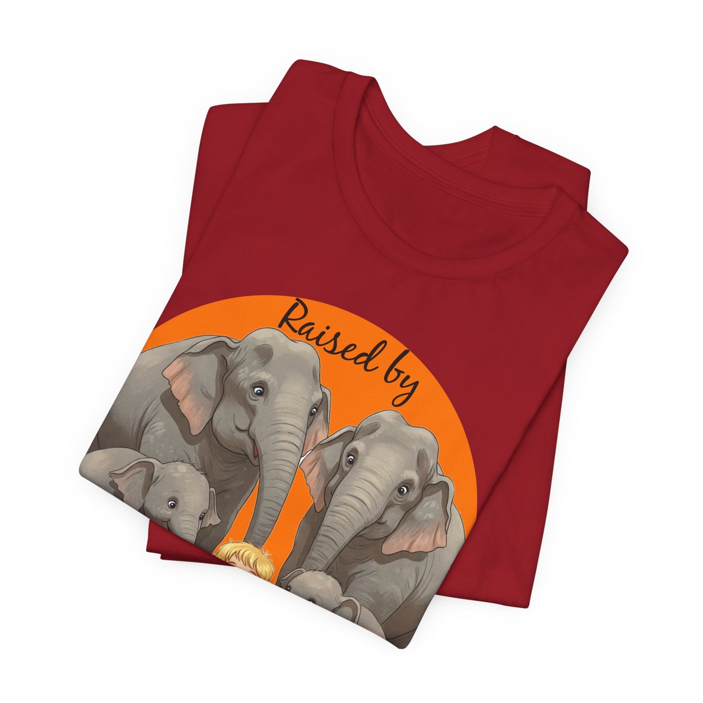 Funny Raised by Elephants Unisex Short Sleeve Tee - Perfect for Animal Lovers, Wildlife Fans (Women's character version) - Schmartypants