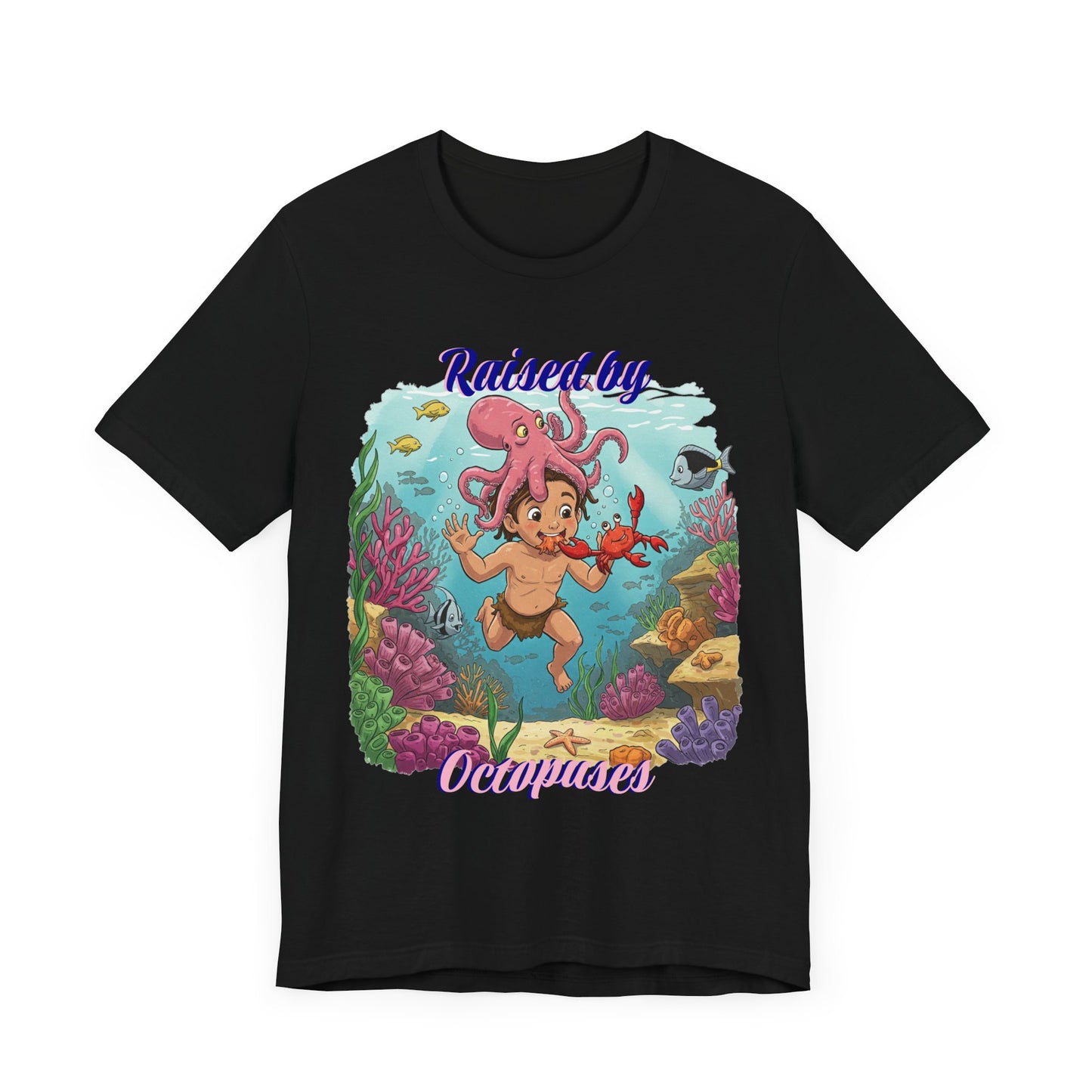 Ocean-Inspired Unisex Tee - Funny "Raised by Octopus", Fun Gift for Marine Lovers, Summer Beachwear, Cute Animal T-Shirt