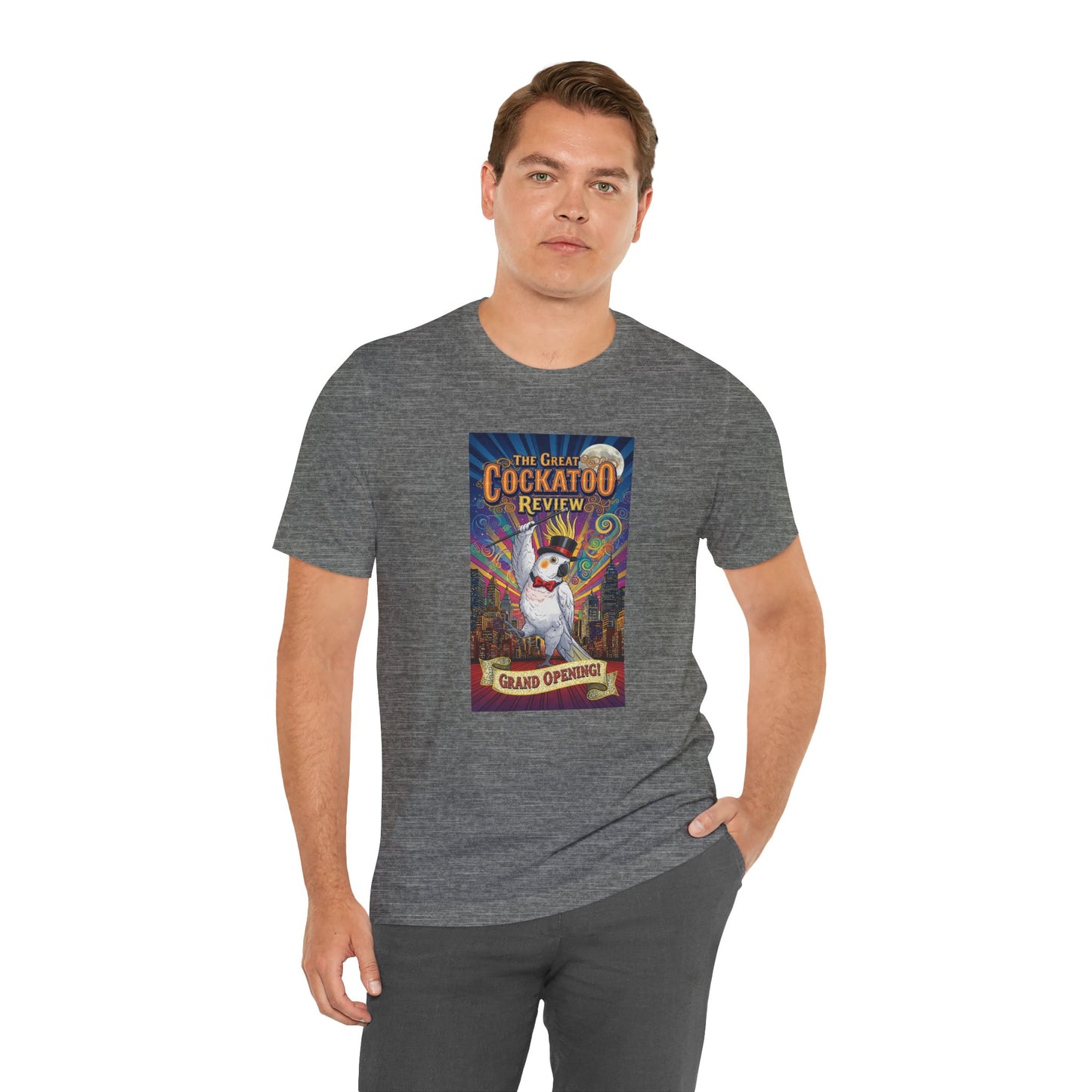 Grand Opening Cockatoo Review Tee - Funny Bird Graphic T-Shirt, Unique Gift for Cockatoo Owners, Casual Wear, Animal Lover Shirt