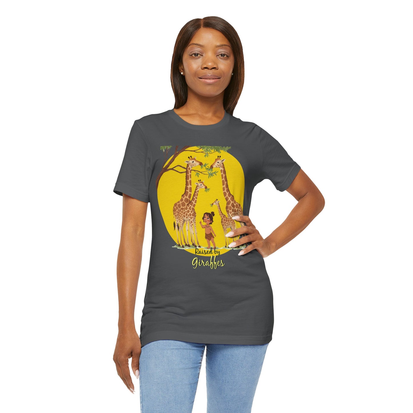 Raised by Giraffes Unisex T-Shirt - Funny Animal Lover Tee - Giraffe Lovers, Wildlife Enthusiasts (Female Character) - Schmartypants