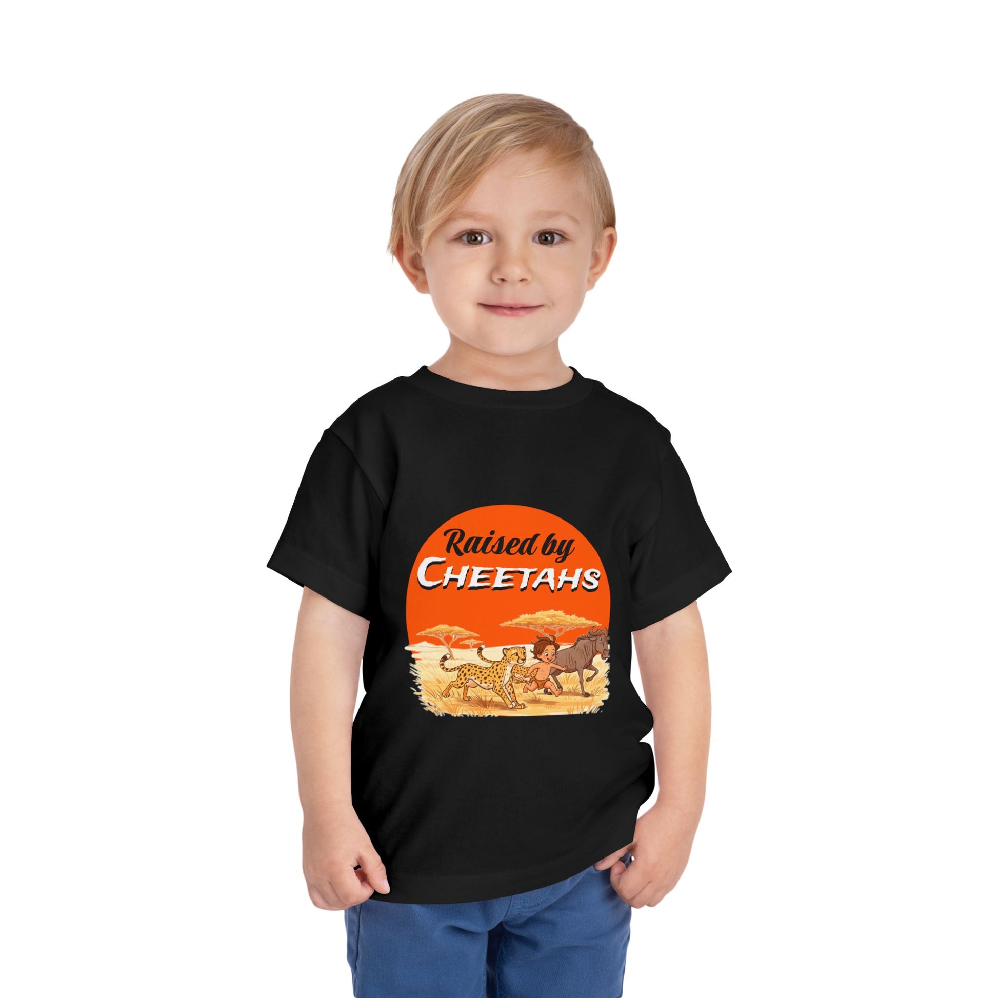 Toddler Boys Short Sleeve Tee with 'Raised by Cheetahs' Design | Funny Kids T-Shirt, Animal Lover Gift, Summer Outfit, Safari Theme - Schmartypants