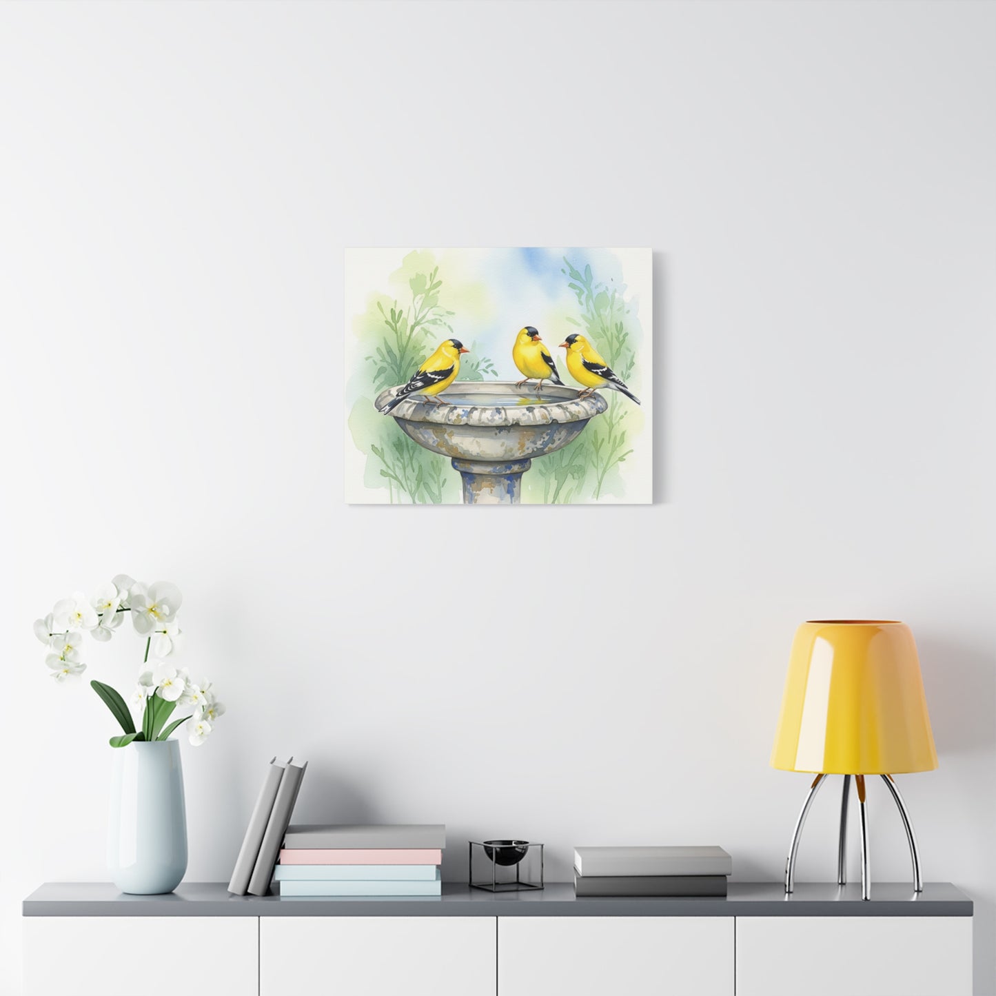 Goldfinches on Fountain Canvas Art, Nature Wall Decor, Yellow Finch Print, Home Decor, Gift for Bird Lovers, Spring Decoration