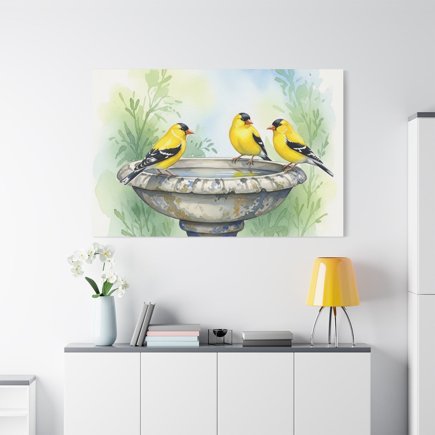 Goldfinches on Fountain Canvas Art, Nature Wall Decor, Yellow Finch Print, Home Decor, Gift for Bird Lovers, Spring Decoration