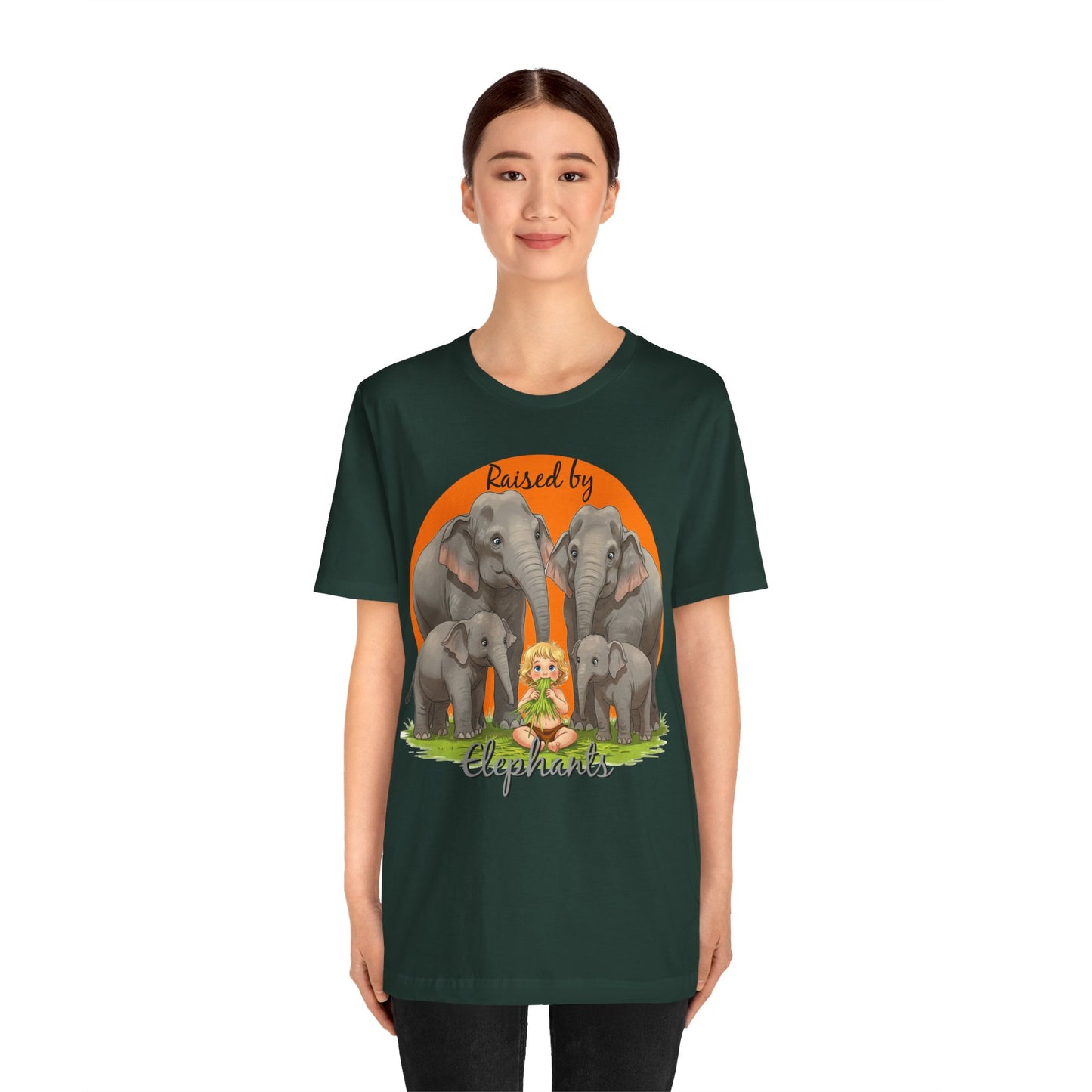 Funny Raised by Elephants Unisex Short Sleeve Tee - Perfect for Animal Lovers, Wildlife Fans (Women's Character version) - Schmartypants