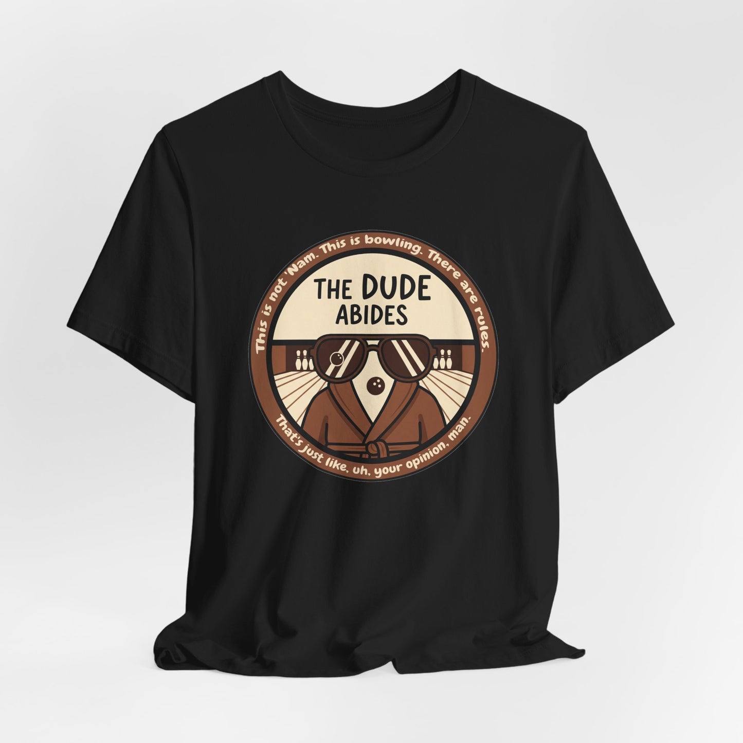 The Dude Abides Tee, Unisex T-Shirt for Movie Lovers, Gift for The Big Lebowski Fans, Casual Wear, Retro Vibe Bowling Tee