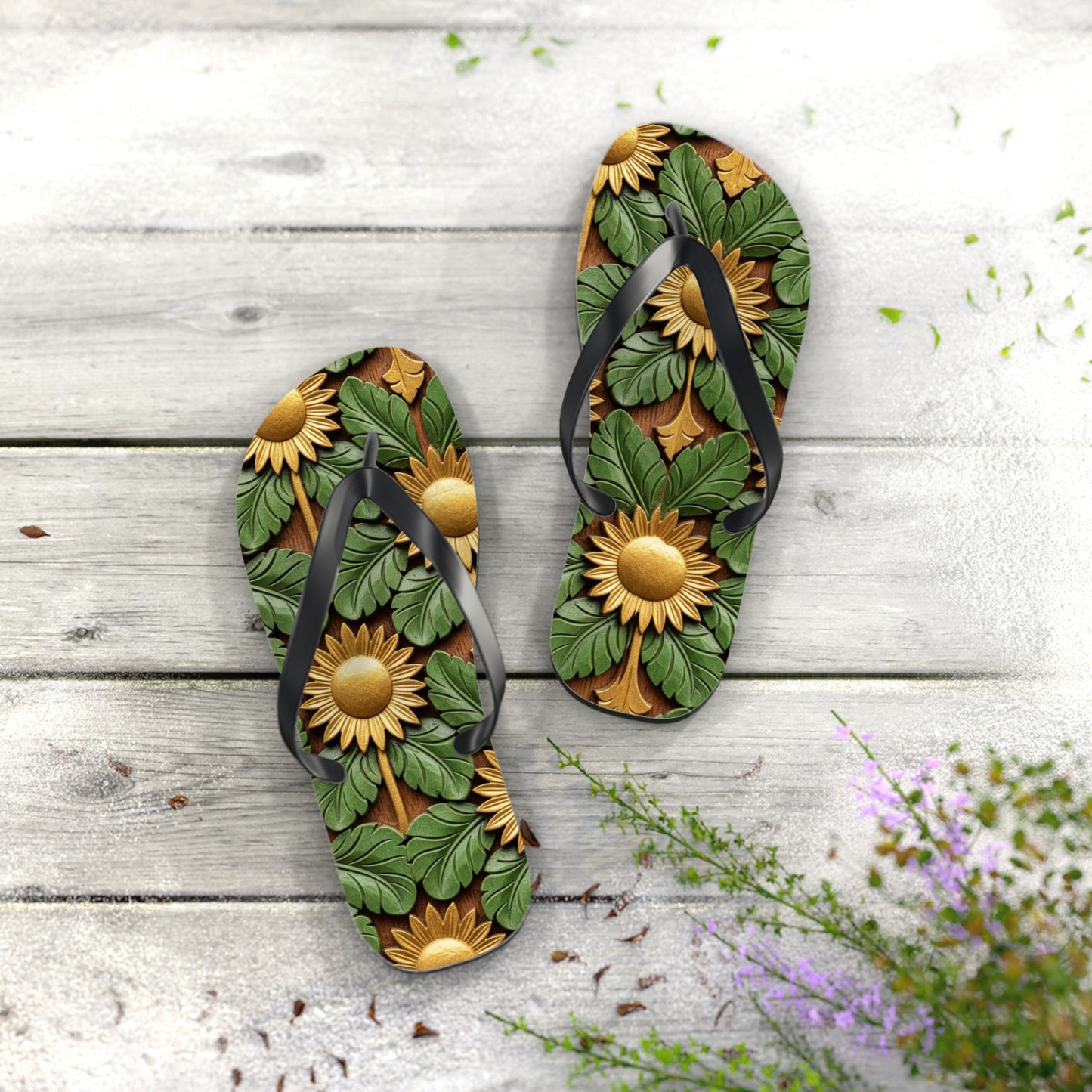Stylish Floral Flip Flops, Personalized Beach Sandals, Sunflower Summer Footwear, Vacation Essential, Boho Chic Footwear