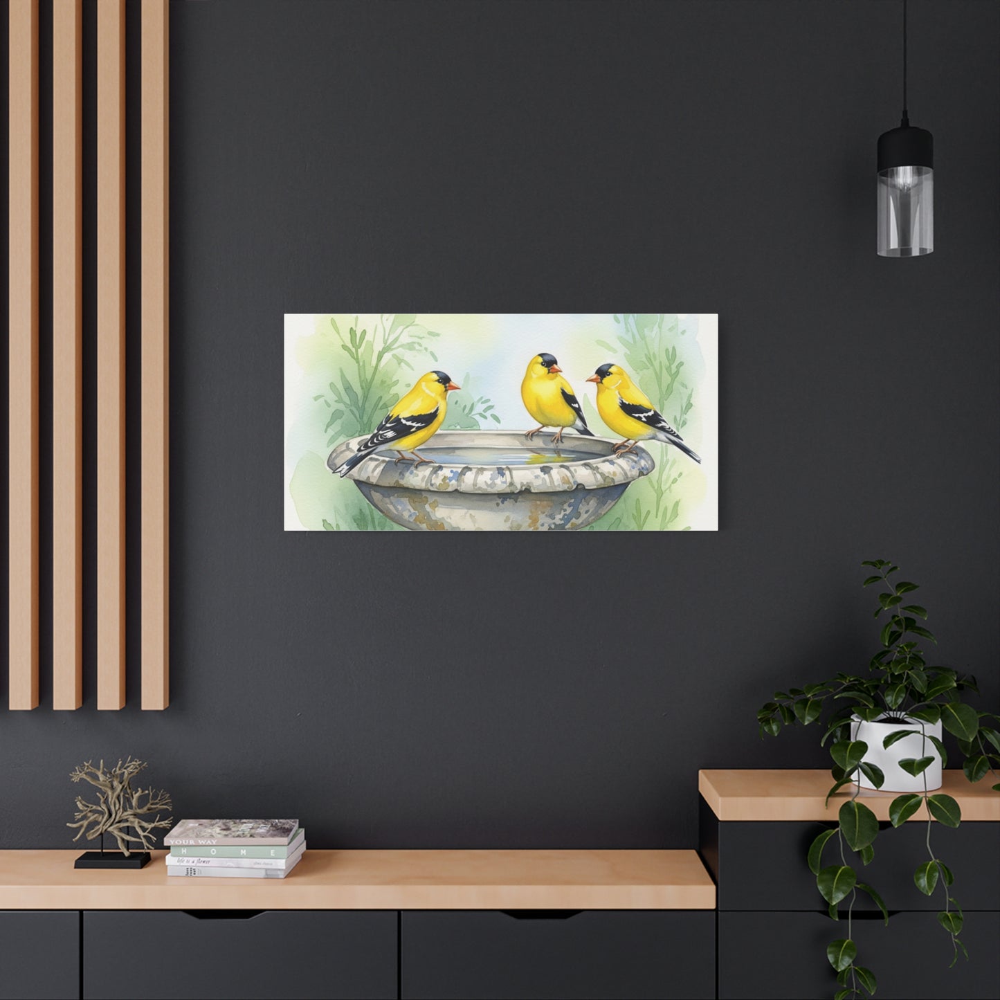 Goldfinches on Fountain Canvas Art, Nature Wall Decor, Yellow Finch Print, Home Decor, Gift for Bird Lovers, Spring Decoration