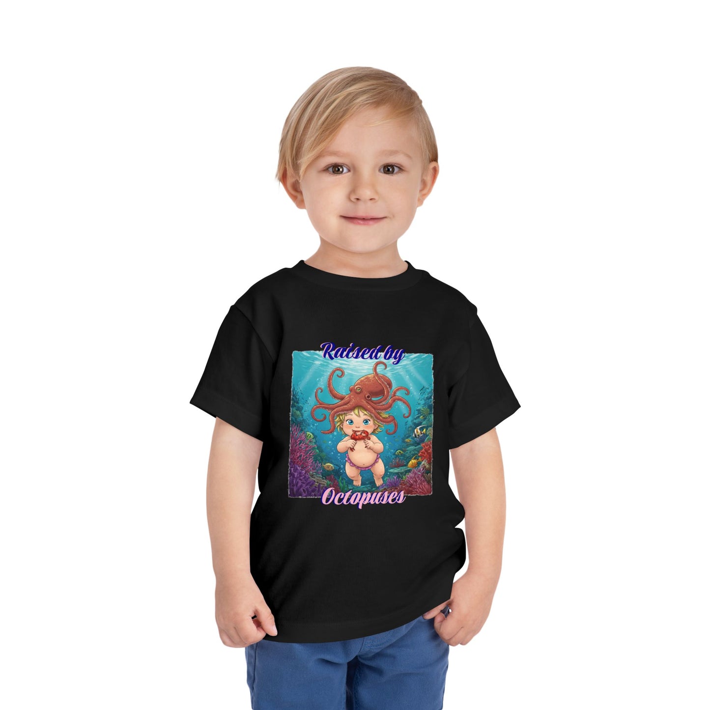 Toddler Short Sleeve Tee: Funny 'Raised by Octopuses', Kid's Fun Tee, Aquatic Graphics Shirt, Marine Life Gift, Nautical Outfit
