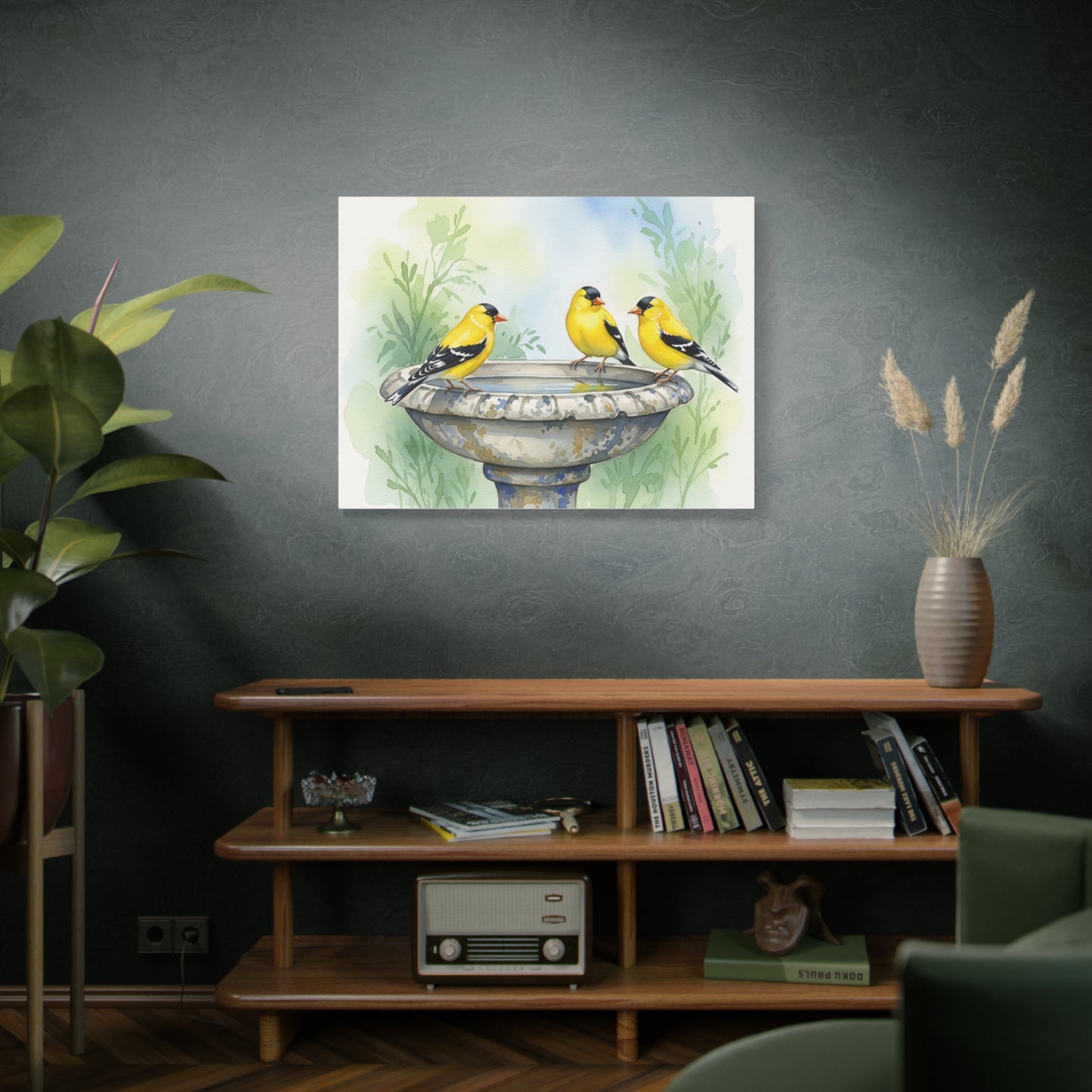 Goldfinches on Fountain Canvas Art, Nature Wall Decor, Yellow Finch Print, Home Decor, Gift for Bird Lovers, Spring Decoration