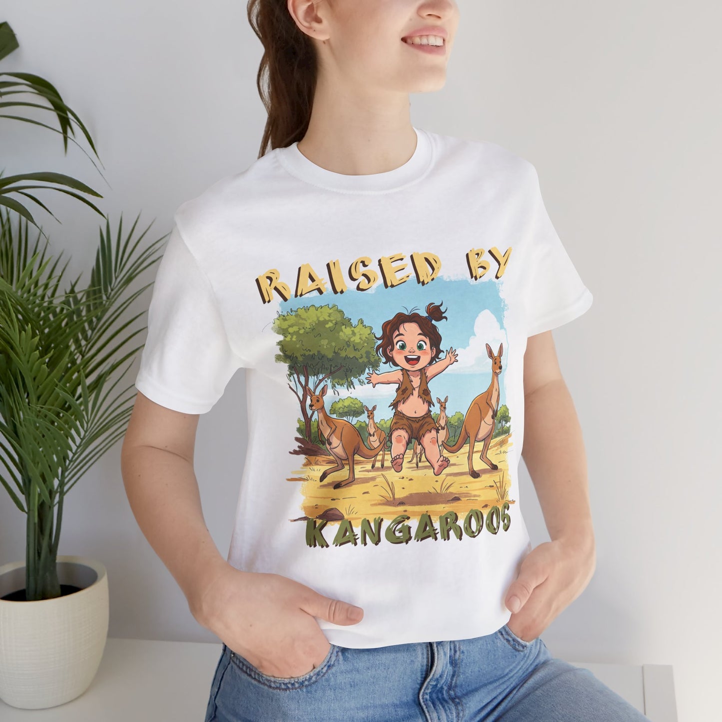 Cute, Funny Kangaroo Vibe Unisex Tee - "Raised by Kangaroos" (female character) - Australian Theme - Schmartypants