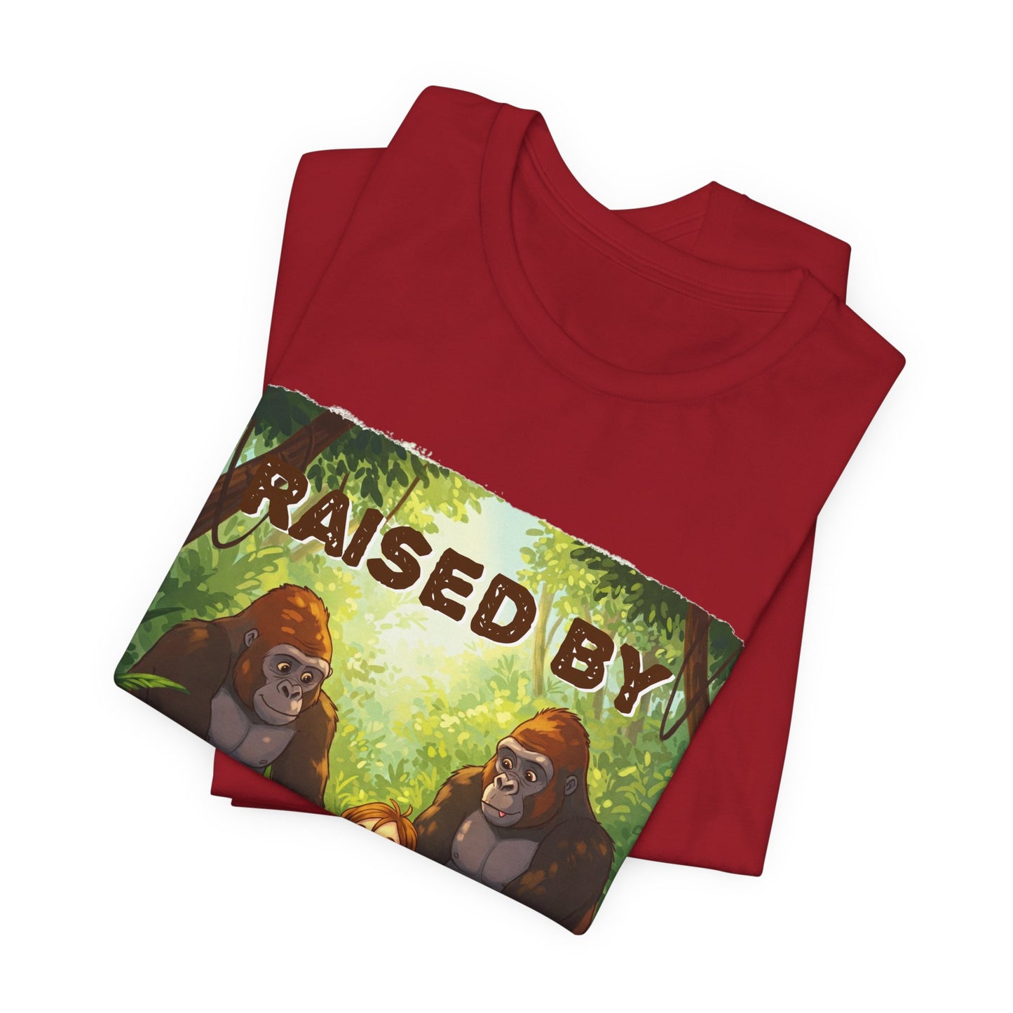 Funny Gorilla Graphic Tee - 'Raised by Gorillas' Unisex Jersey Shirt (Female character version) - Schmartypants