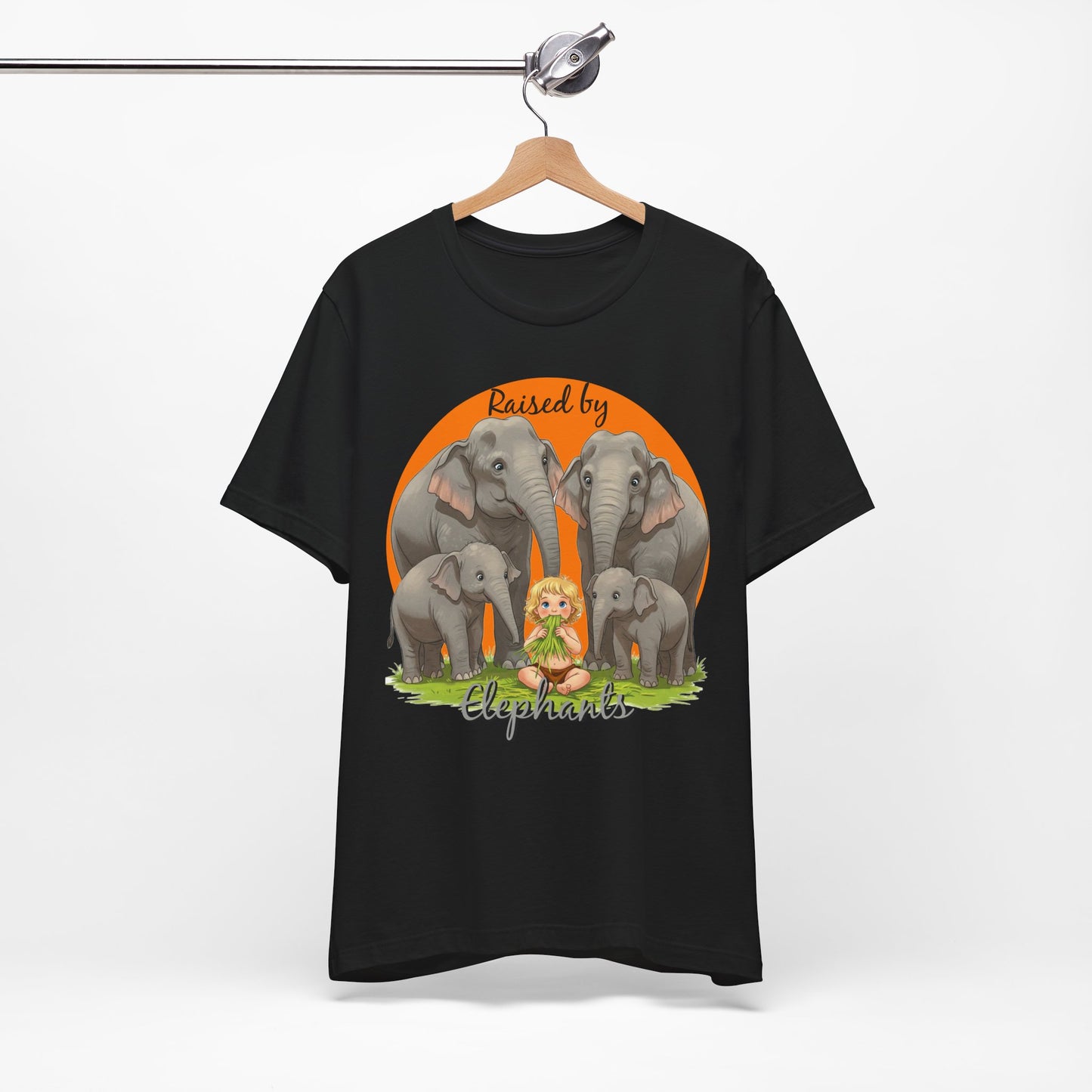Funny Raised by Elephants Unisex Short Sleeve Tee - Perfect for Animal Lovers, Wildlife Fans (Women's Character version) - Schmartypants