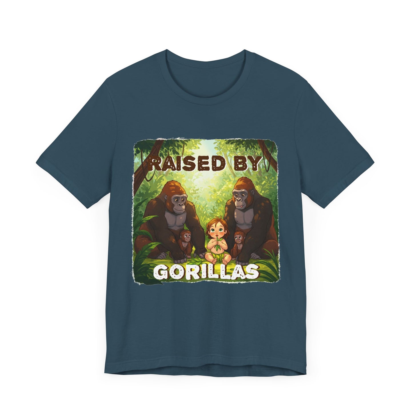 Funny Gorilla Graphic Tee - 'Raised by Gorillas' Unisex Jersey Shirt (Female character version) - Schmartypants