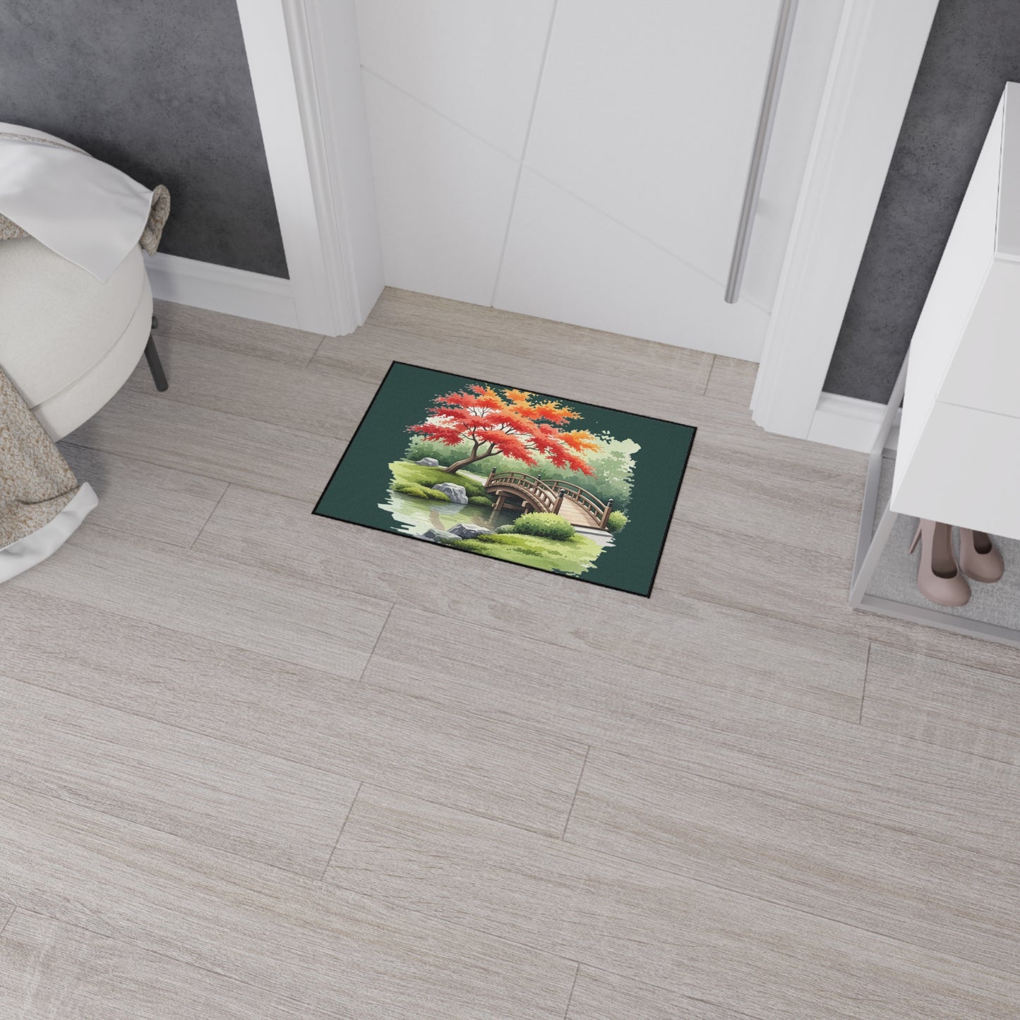 Floor Mat, Tranquil Japanese Garden, Zen Home Decor, Fall Leaves Rug, Contemplative Design, Heavy Duty Mat