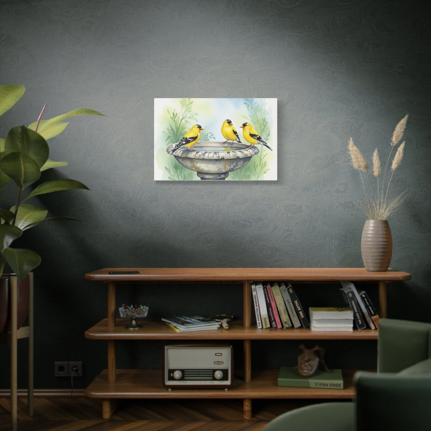 Goldfinches on Fountain Canvas Art, Nature Wall Decor, Yellow Finch Print, Home Decor, Gift for Bird Lovers, Spring Decoration