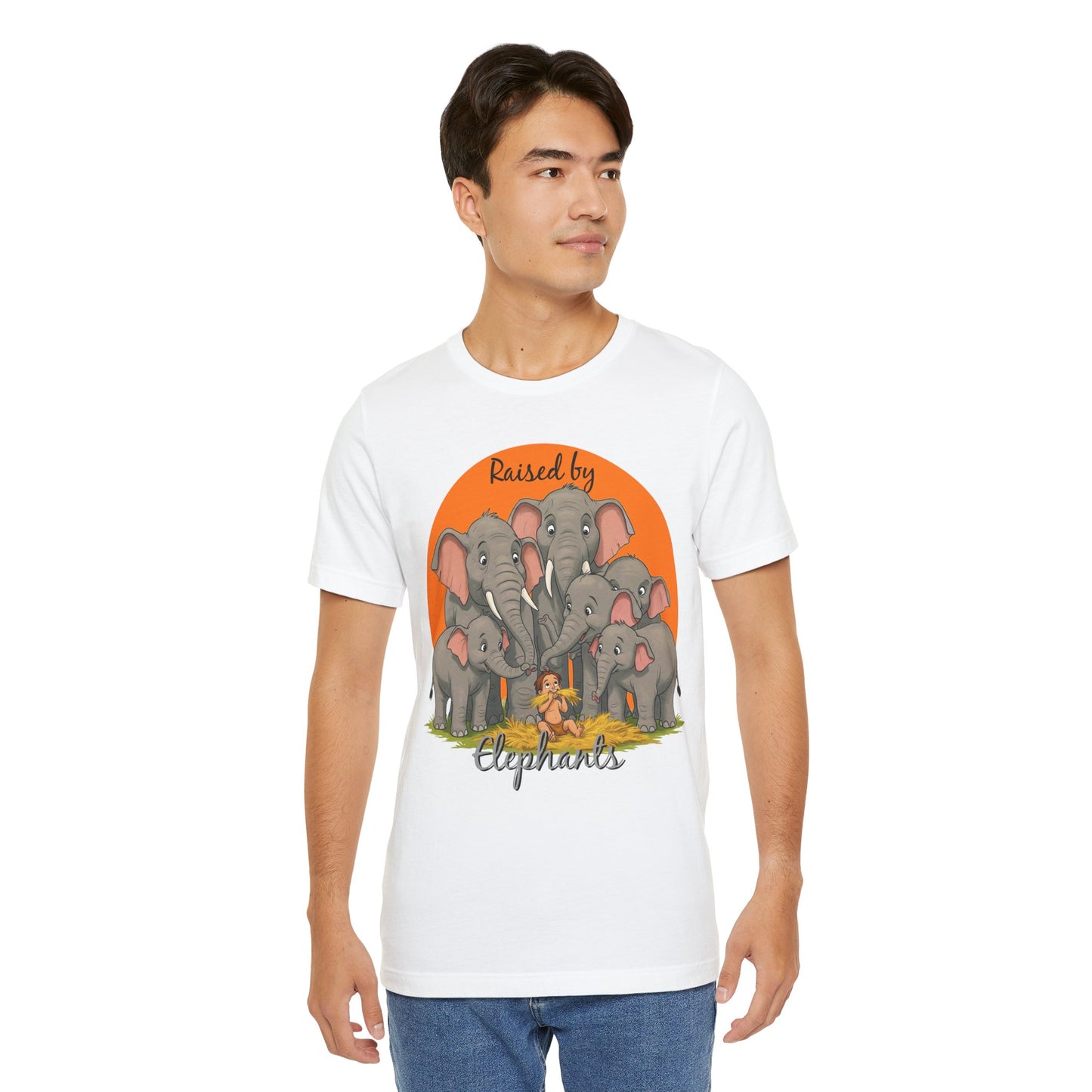 Elephant Lovers Tee - Funny 'Raised by Elephants' Unisex Jersey Short Sleeve Shirt - Wildlife and Nature Lovers Shirt (Male Character Version) - Schmartypants