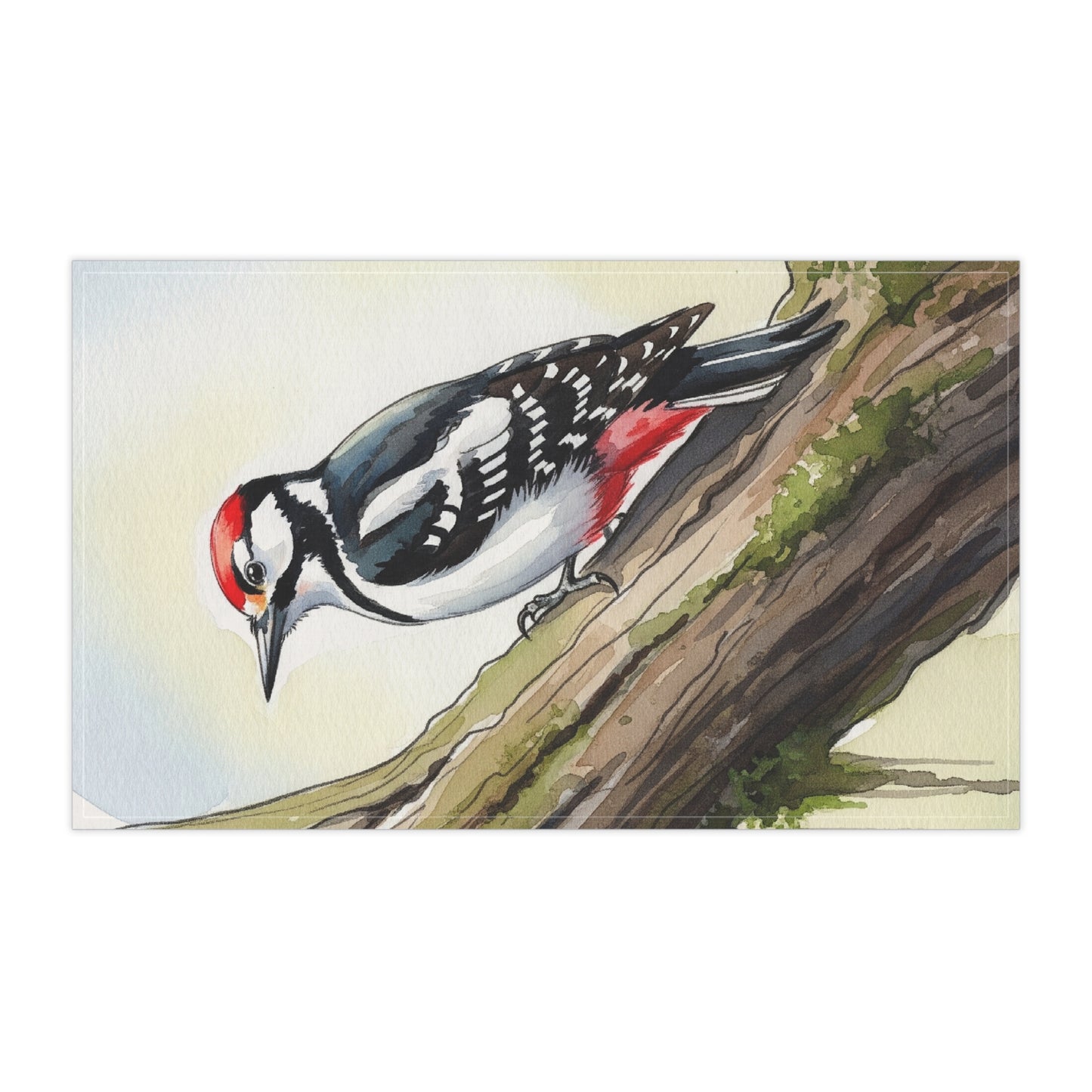 Woodpecker Tea Towel - Cotton Kitchen Towel, Housewarming Gift, Watercolor Design, Wedding Present, Bird Lover Home Decor