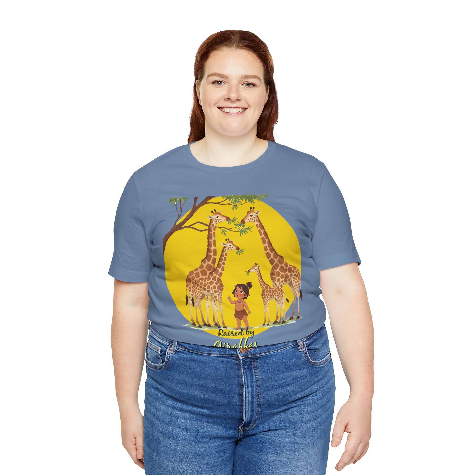 Raised by Giraffes Unisex T-Shirt - Funny Animal Lover Tee - Giraffe Lovers, Wildlife Enthusiasts (Female Character) - Schmartypants