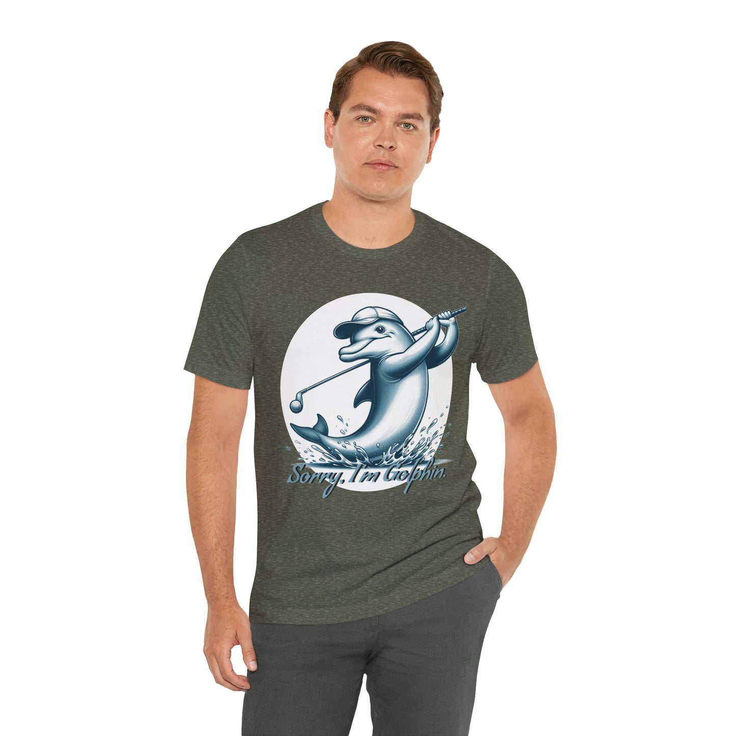 Funny Dolphin Golfing Tee - "Sorry, I’m Golphin" Unisex Jersey Short Sleeve Shirt - Dad Joke and Golfers Gift - Schmartypants