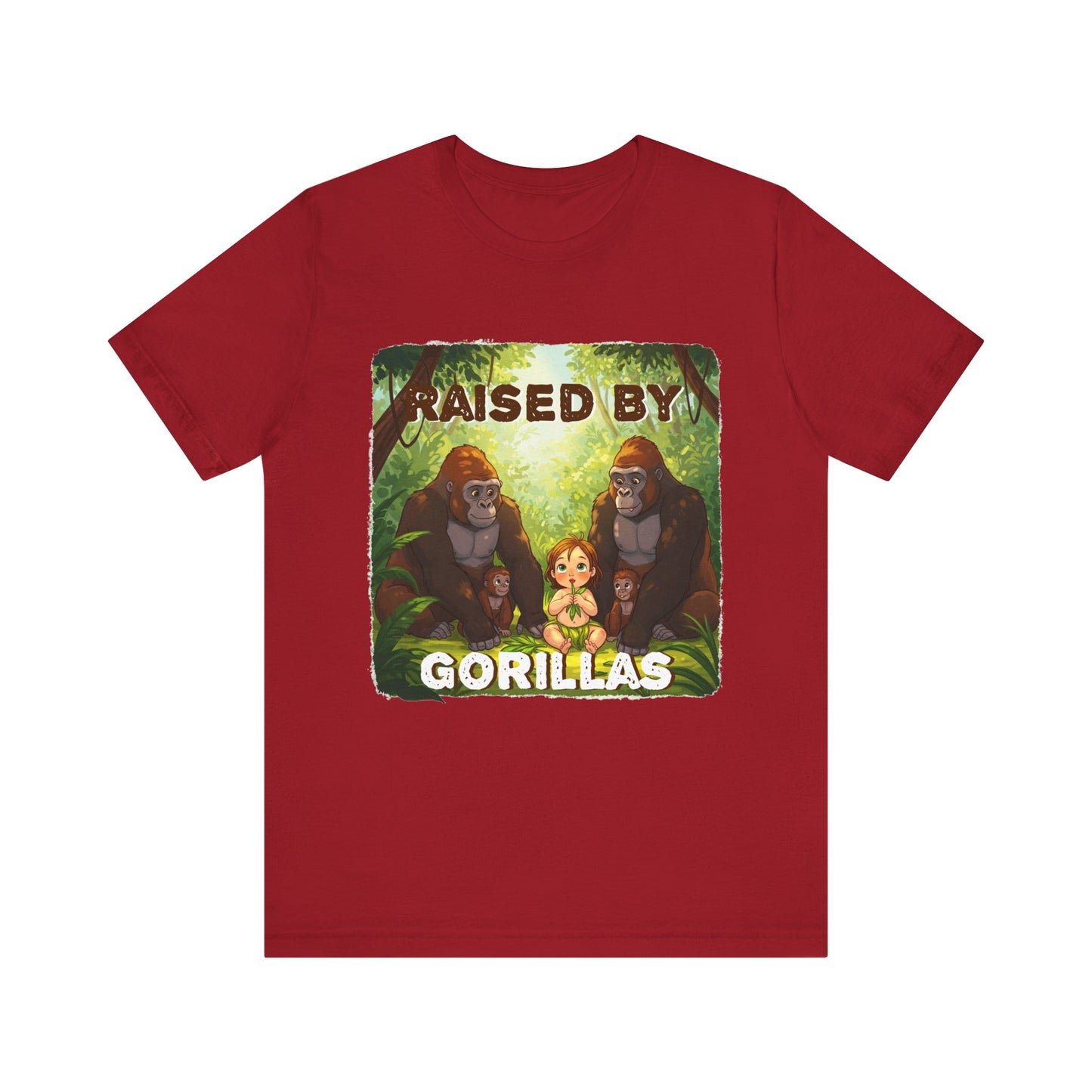 Funny Gorilla Graphic Tee - 'Raised by Gorillas' Unisex Jersey Shirt (Female character version) - Schmartypants