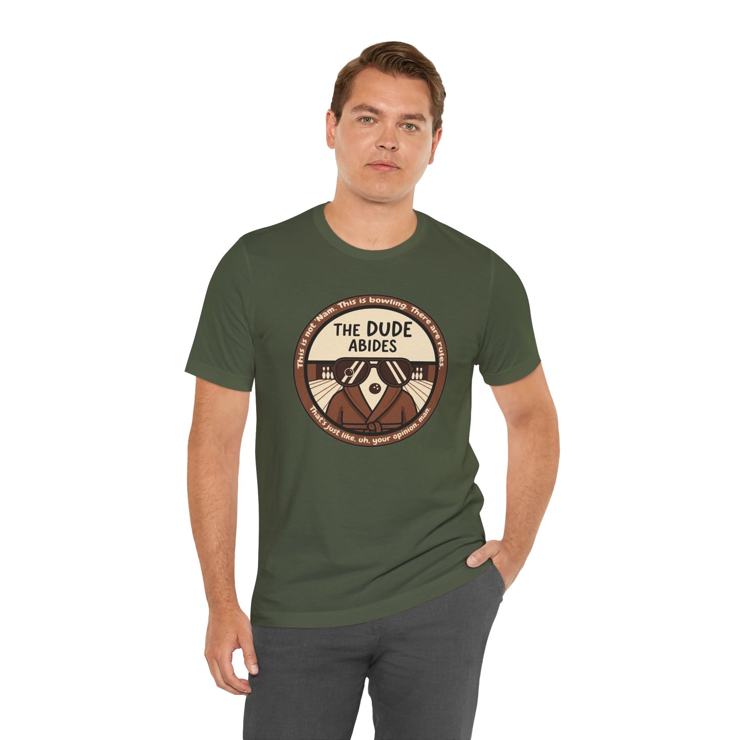 The Dude Abides Tee, Unisex T-Shirt for Movie Lovers, Gift for The Big Lebowski Fans, Casual Wear, Retro Vibe Bowling Tee
