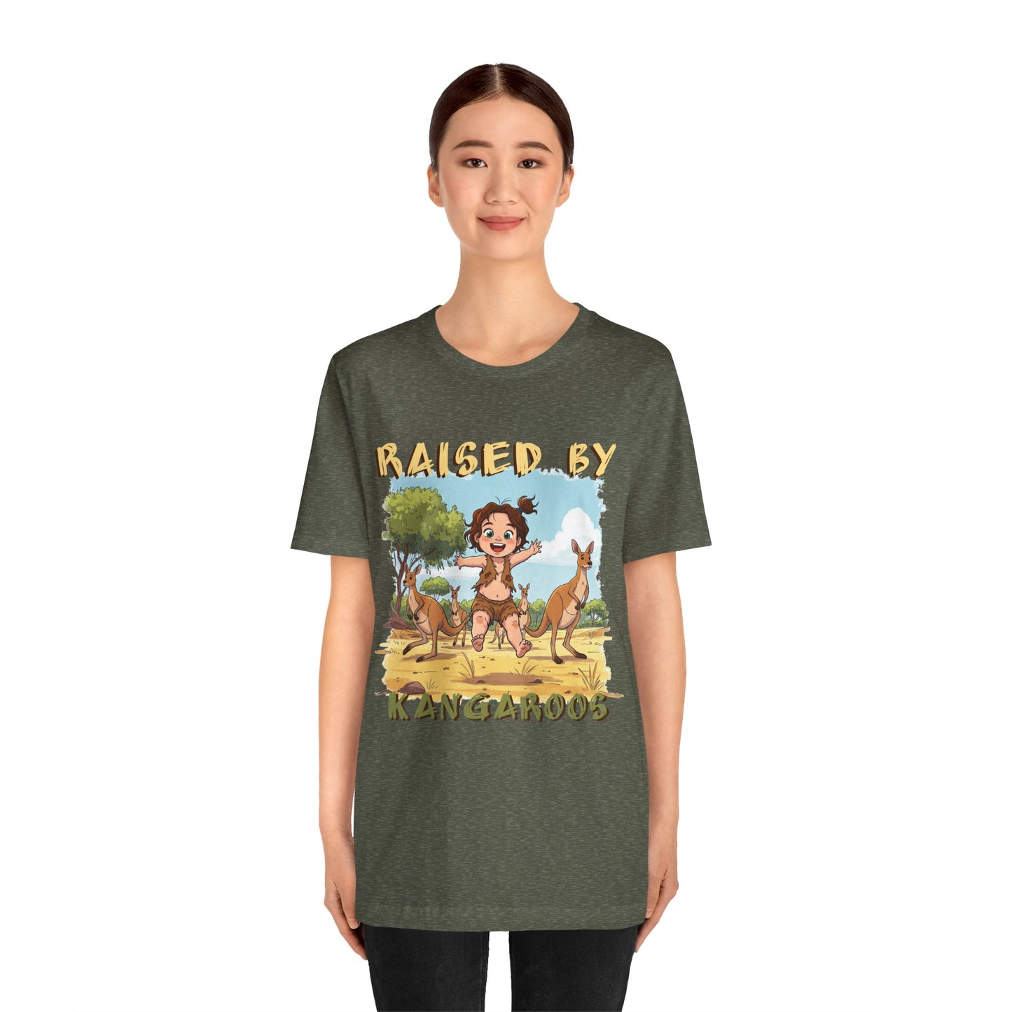 Cute, Funny Kangaroo Vibe Unisex Tee - "Raised by Kangaroos" (female character) - Australian Theme - Schmartypants