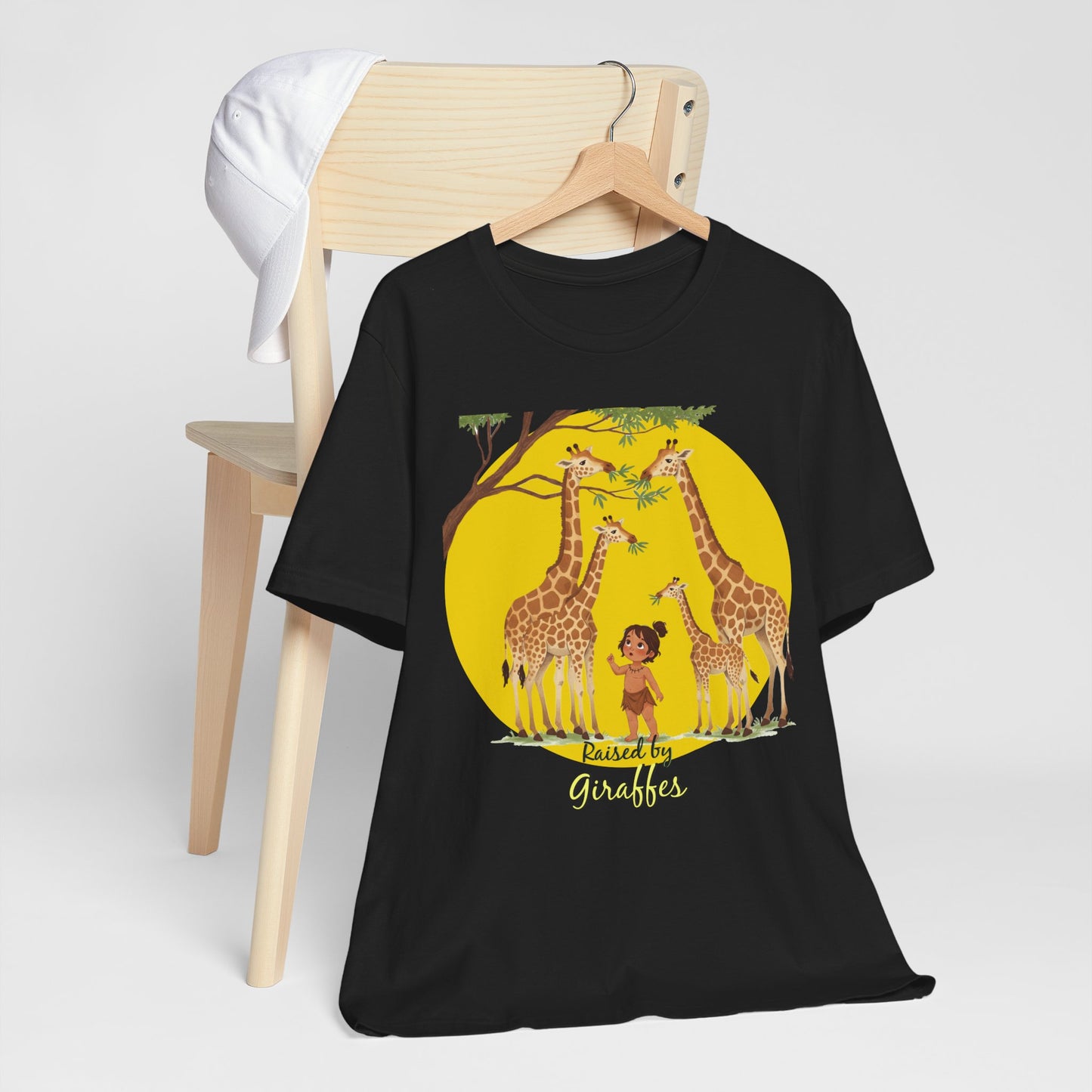 Raised by Giraffes Unisex T-Shirt - Funny Animal Lover Tee - Giraffe Lovers, Wildlife Enthusiasts (Female Character) - Schmartypants