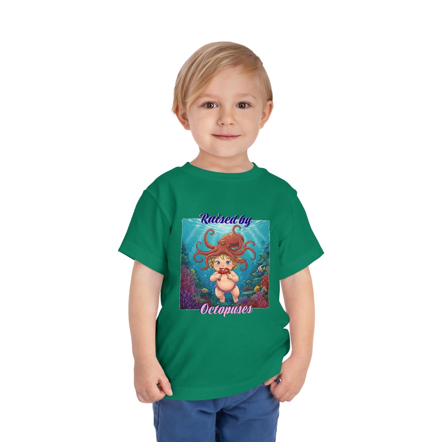 Toddler Short Sleeve Tee: Funny 'Raised by Octopuses', Kid's Fun Tee, Aquatic Graphics Shirt, Marine Life Gift, Nautical Outfit