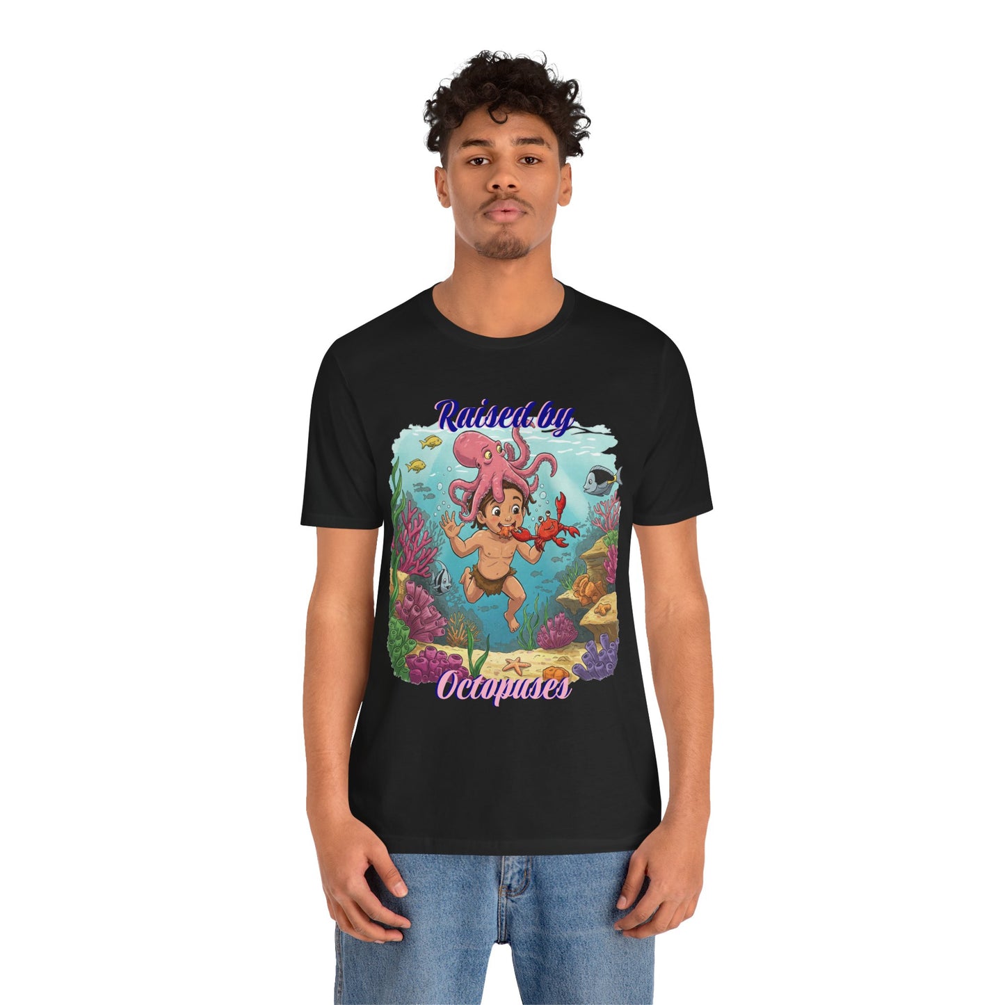 Ocean-Inspired Unisex Tee - Funny "Raised by Octopus", Fun Gift for Marine Lovers, Summer Beachwear, Cute Animal T-Shirt