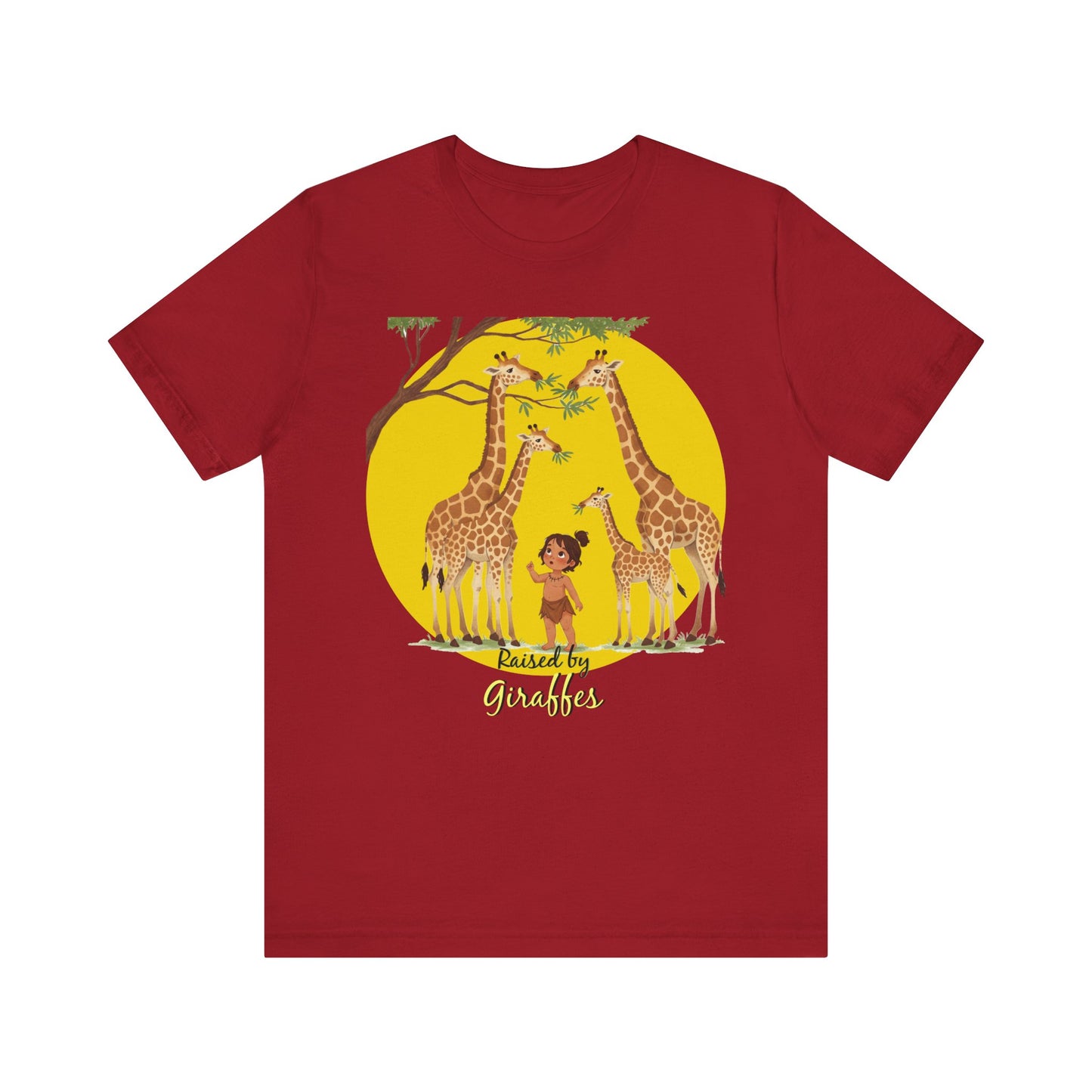 Raised by Giraffes Unisex T-Shirt - Funny Animal Lover Tee - Giraffe Lovers, Wildlife Enthusiasts (Female Character) - Schmartypants
