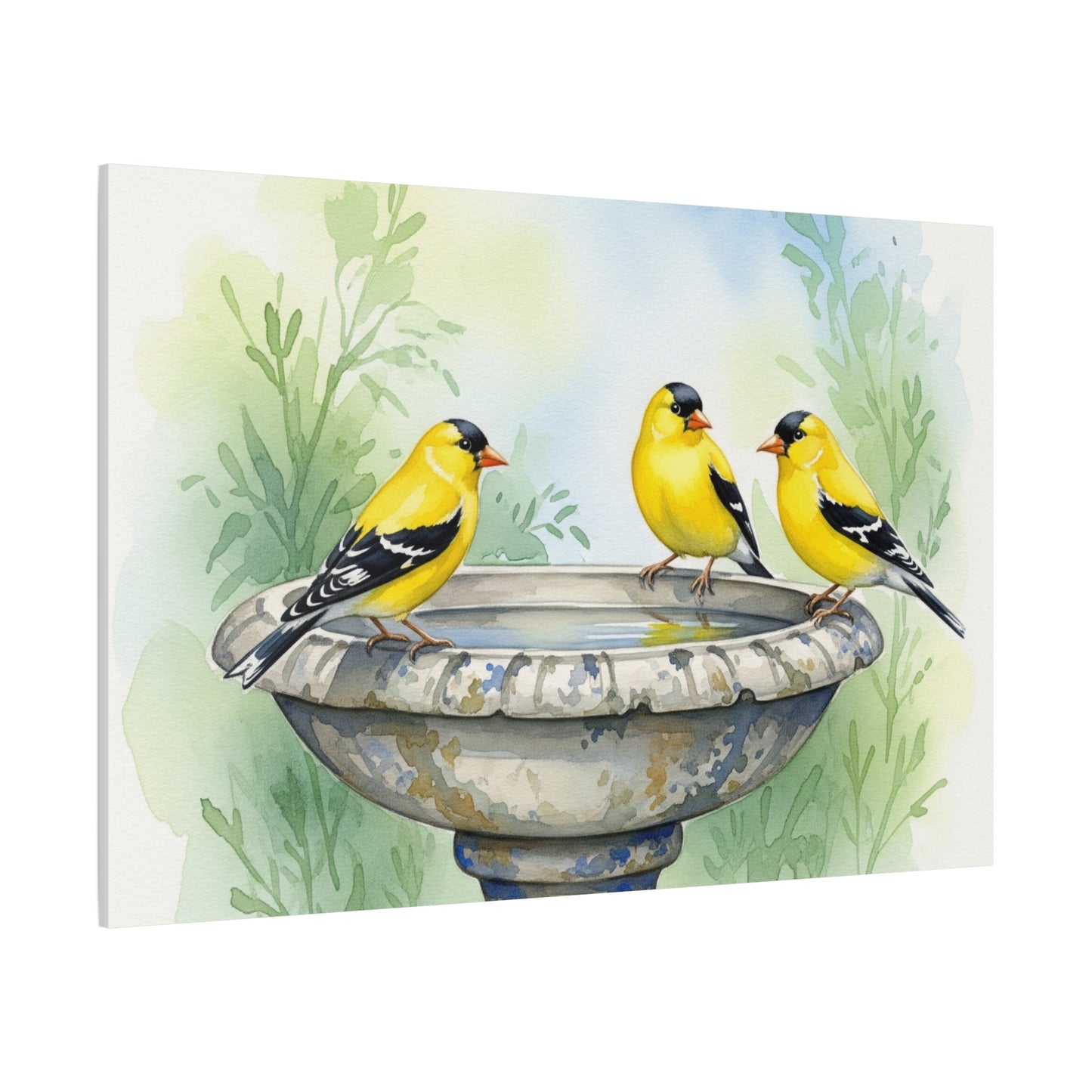 Goldfinches on Fountain Canvas Art, Nature Wall Decor, Yellow Finch Print, Home Decor, Gift for Bird Lovers, Spring Decoration
