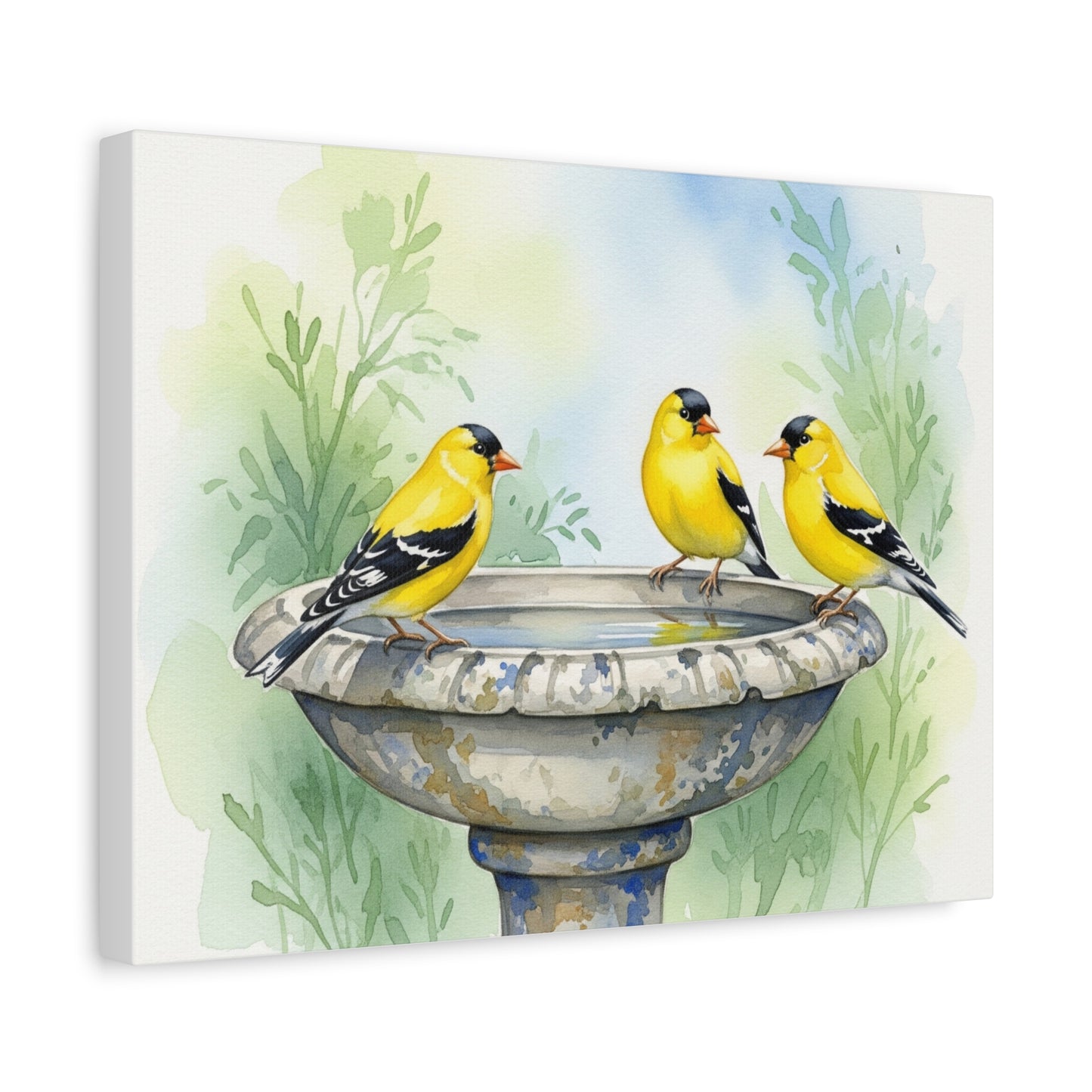 Goldfinches on Fountain Canvas Art, Nature Wall Decor, Yellow Finch Print, Home Decor, Gift for Bird Lovers, Spring Decoration