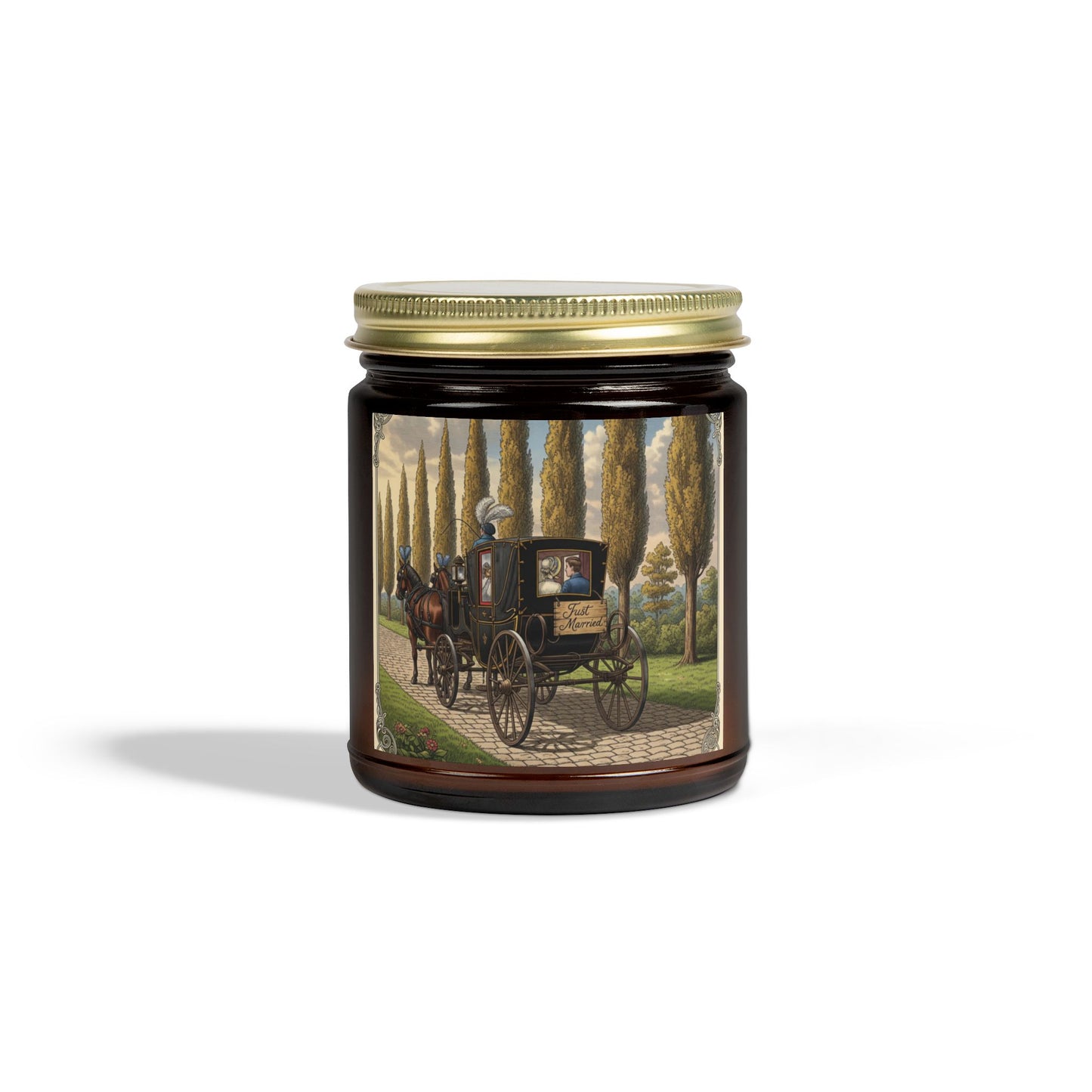 Scented Candles, Elegant 'Just Married' Carriage Ride Wedding Reception Gift, Coconut Apricot Wax Candle, Swag Item for Special Occasion