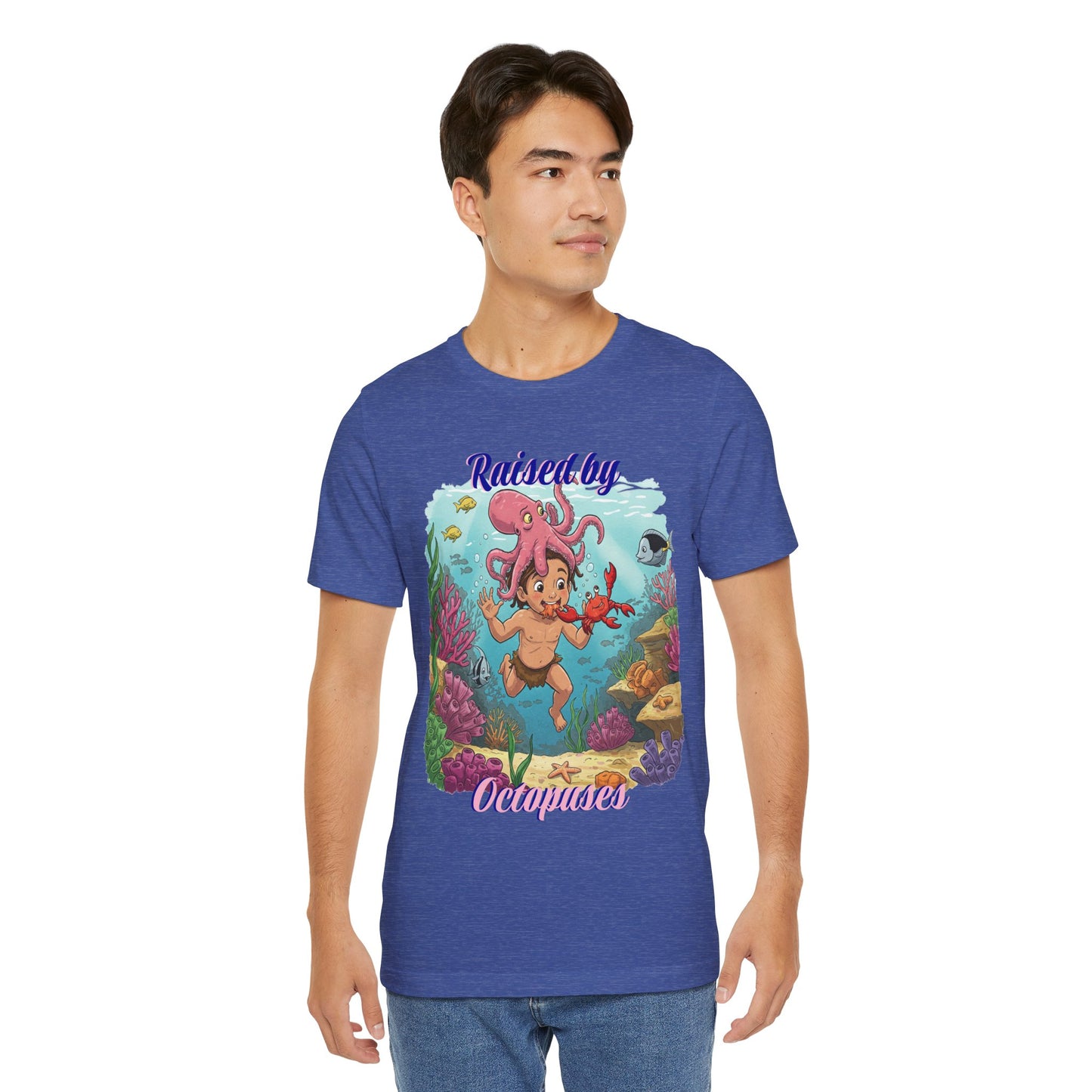 Ocean-Inspired Unisex Tee - Funny "Raised by Octopus", Fun Gift for Marine Lovers, Summer Beachwear, Cute Animal T-Shirt