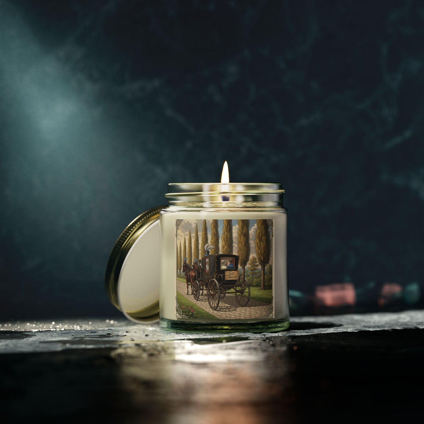 Scented Candles, Elegant 'Just Married' Carriage Ride Wedding Reception Gift, Coconut Apricot Wax Candle, Swag Item for Special Occasion