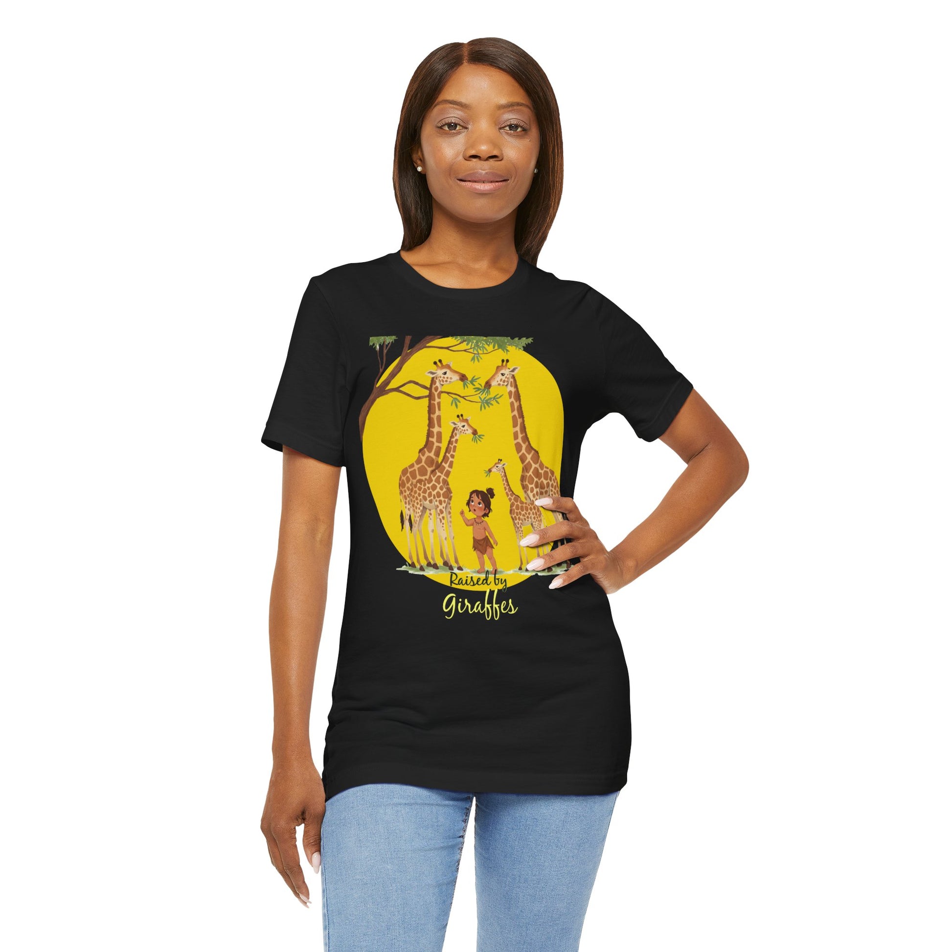 Raised by Giraffes Unisex T-Shirt - Funny Animal Lover Tee - Giraffe Lovers, Wildlife Enthusiasts (Female Character) - Schmartypants