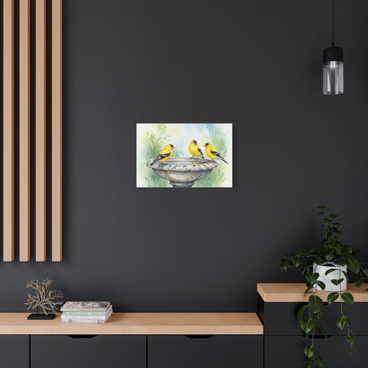Goldfinches on Fountain Canvas Art, Nature Wall Decor, Yellow Finch Print, Home Decor, Gift for Bird Lovers, Spring Decoration