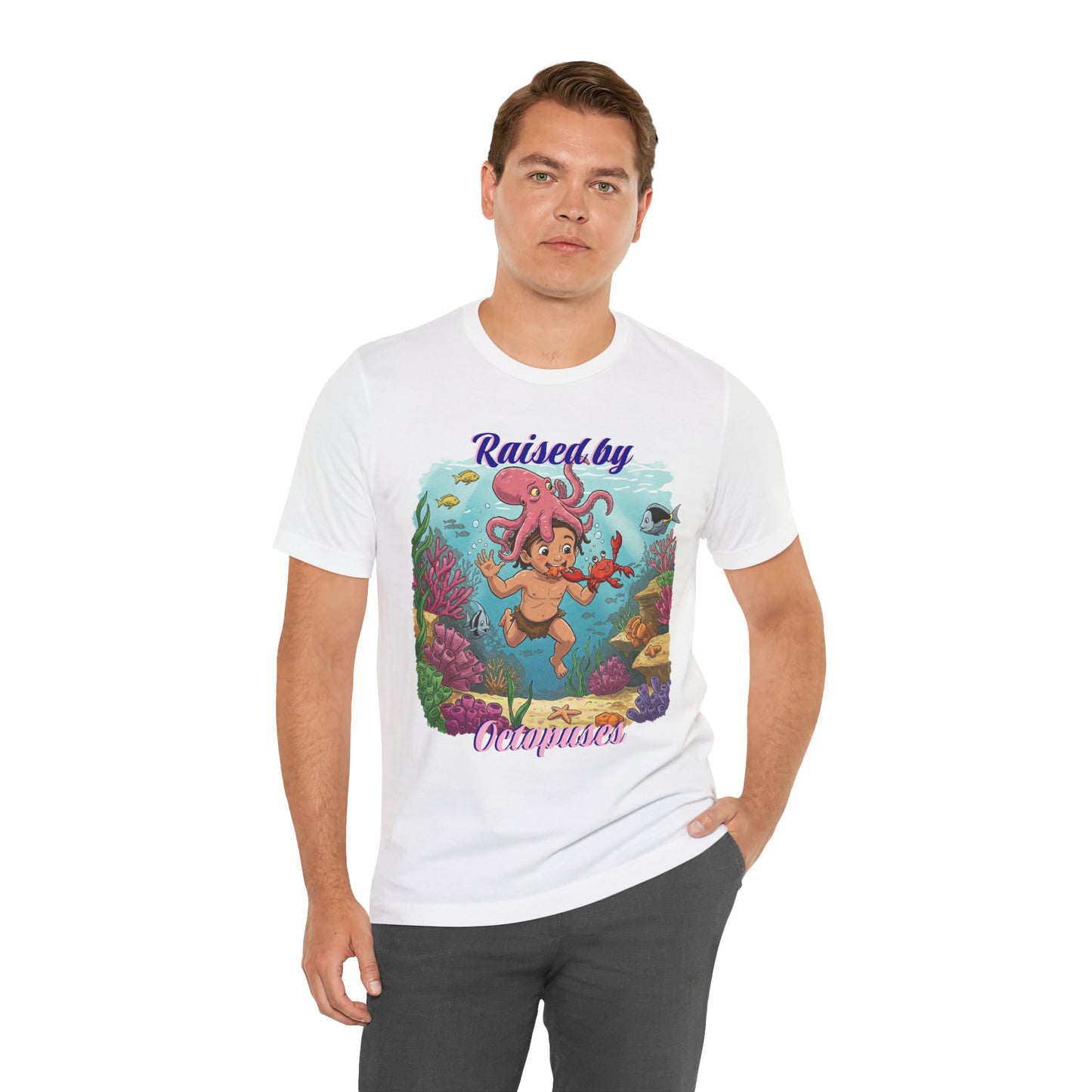 Ocean-Inspired Unisex Tee - Funny "Raised by Octopus", Fun Gift for Marine Lovers, Summer Beachwear, Cute Animal T-Shirt