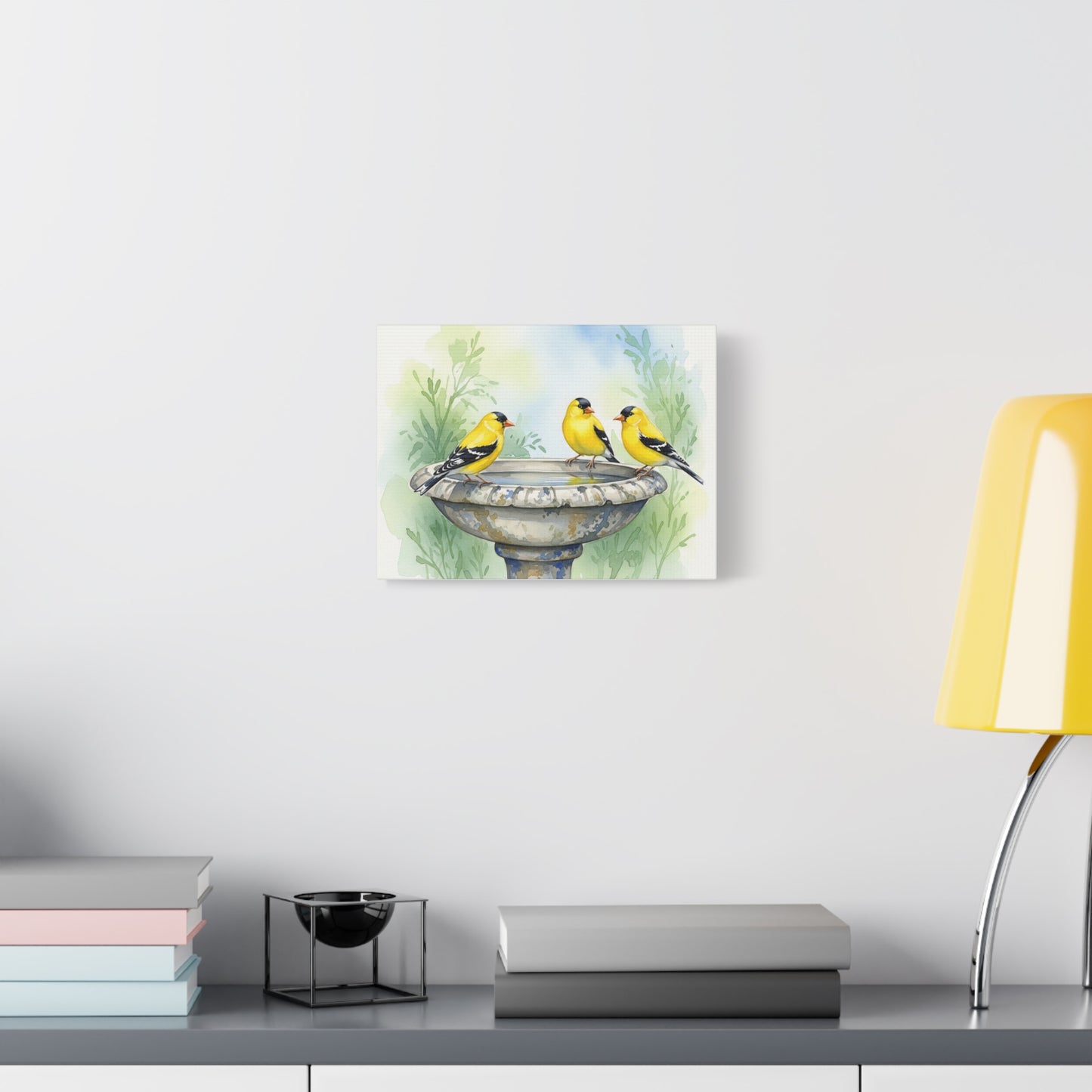 Goldfinches on Fountain Canvas Art, Nature Wall Decor, Yellow Finch Print, Home Decor, Gift for Bird Lovers, Spring Decoration