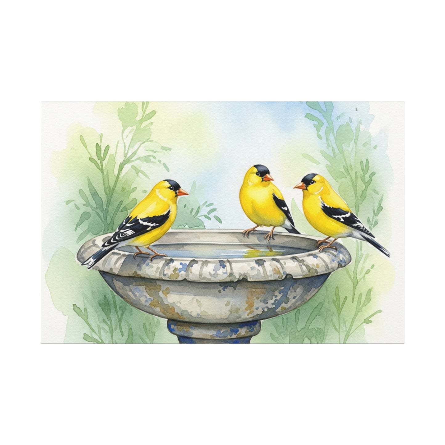 Goldfinches on Fountain Canvas Art, Nature Wall Decor, Yellow Finch Print, Home Decor, Gift for Bird Lovers, Spring Decoration