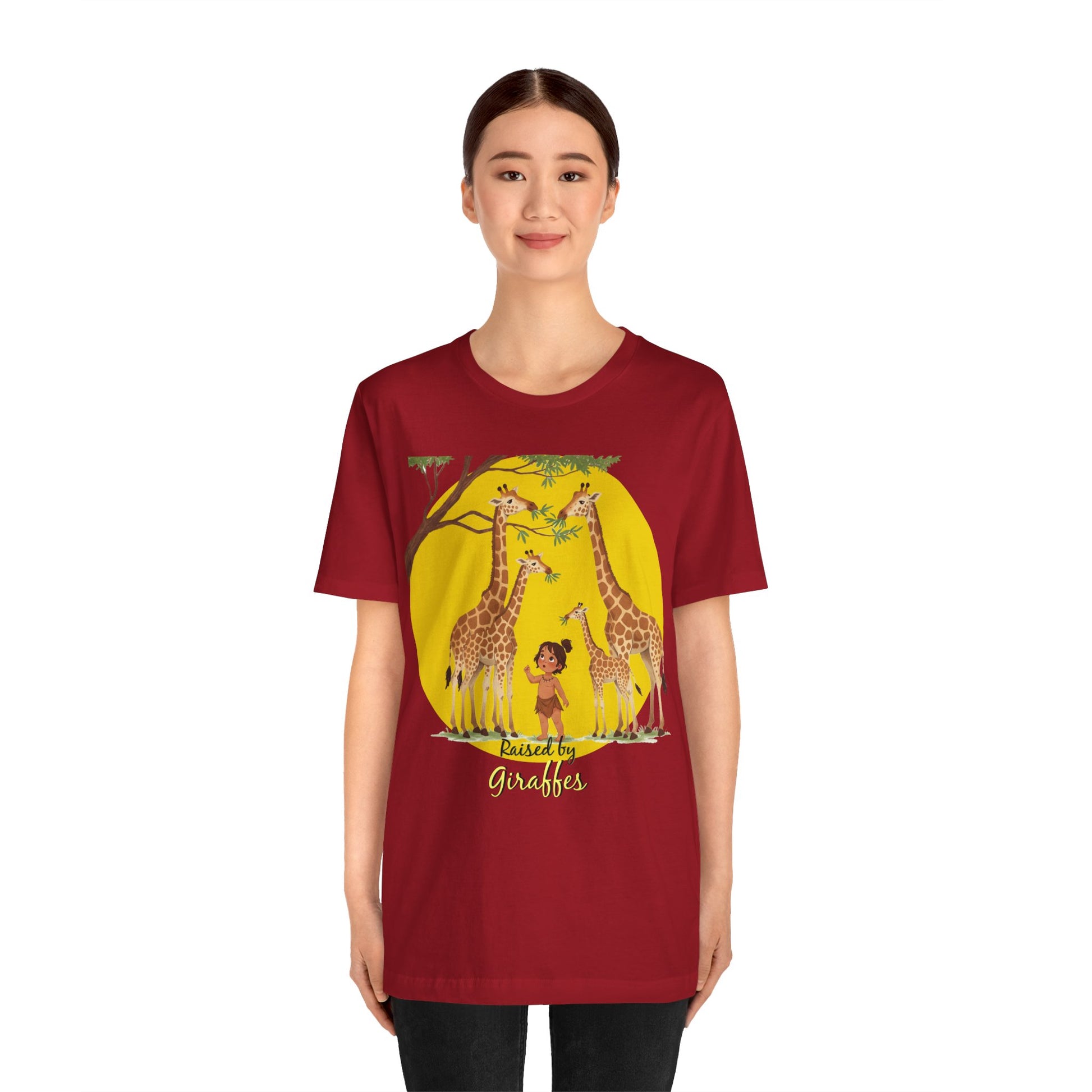 Raised by Giraffes Unisex T-Shirt - Funny Animal Lover Tee - Giraffe Lovers, Wildlife Enthusiasts (Female Character) - Schmartypants