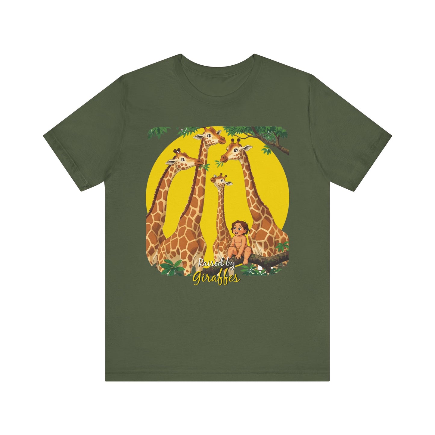 Hilarious Comical 'Raised By Giraffes' Unisex Short Sleeve Tee - Perfect for Animal Lovers (male character version) - Schmartypants